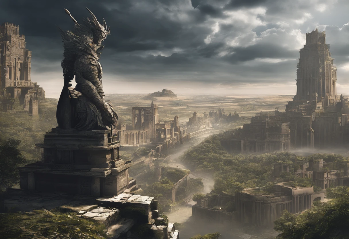 (Huge warrior statue behind:1.5), (Best Quality,hight resolution),Detailed,Realistic,mystery,adventure,thrilling action,Beautiful Landscapes,科幻小说,mystic atmosphere,Impressive visual effects,charmed,Enchanted World,Rabbit-eared girl exploring the maze,A twist that bends the heart,Maze walls covered with lush greenery,Vibrant colors,ominous shadows,Impressive scale and depth,Complex puzzles,Exhilarating chase scenes,Running for survival,Thrilling suspense,Dangerous roads and dead ends,Mysterious creatures lurking in the maze,Heroic determination,Change your perspective,Nerve-breaking tension,Game-changing secrets hidden in mazes,Dangerous traps and obstacles,Unforgettable climax,Cinematic Masterpiece.