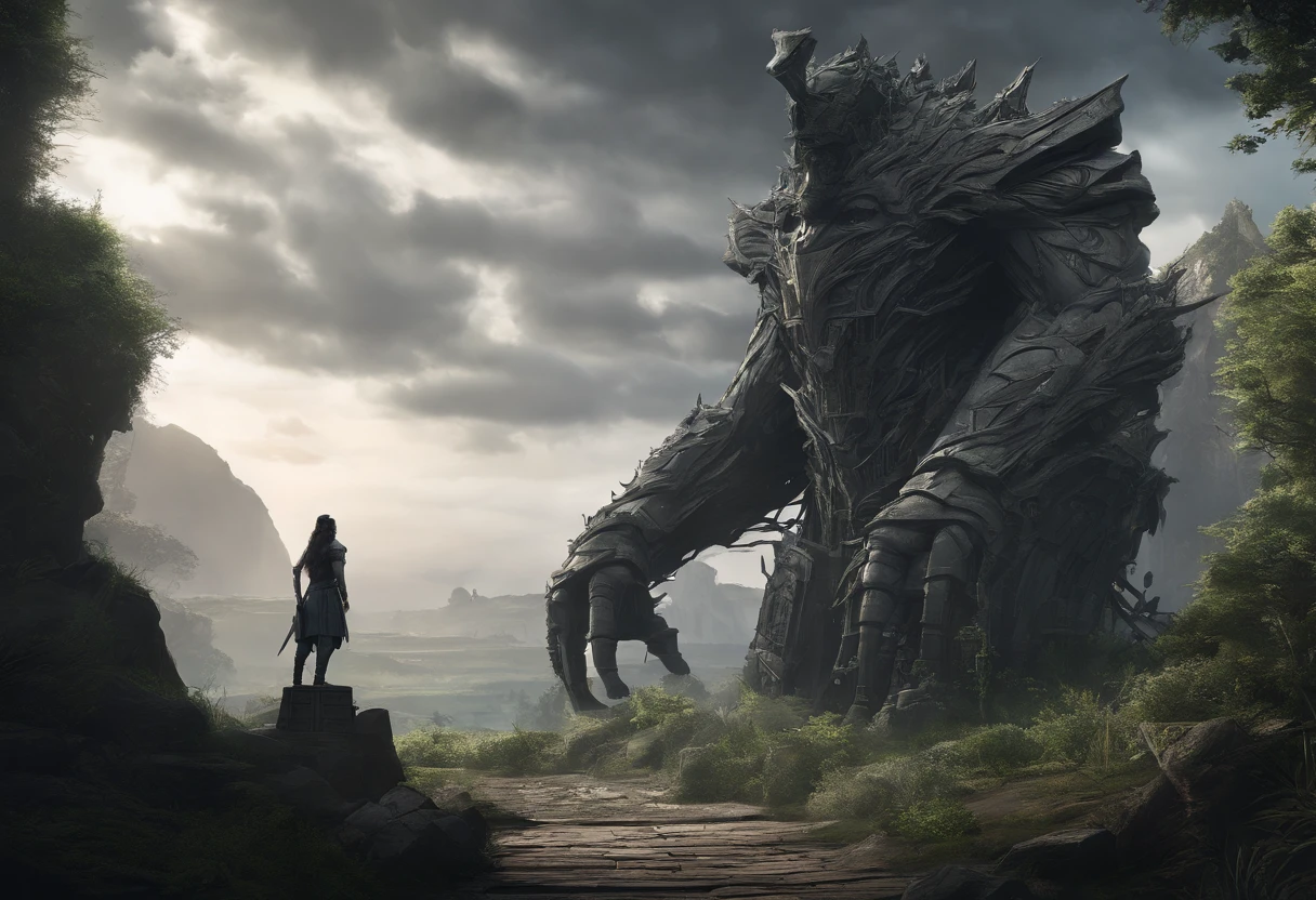 (Huge warrior statue behind:1.5), (Best Quality,hight resolution),Detailed,Realistic,mystery,adventure,thrilling action,Beautiful Landscapes,科幻小说,mystic atmosphere,Impressive visual effects,charmed,Enchanted World,Rabbit-eared girl exploring the maze,A twist that bends the heart,Maze walls covered with lush greenery,Vibrant colors,ominous shadows,Impressive scale and depth,Complex puzzles,Exhilarating chase scenes,Running for survival,Thrilling suspense,Dangerous roads and dead ends,Mysterious creatures lurking in the maze,Heroic determination,Change your perspective,Nerve-breaking tension,Game-changing secrets hidden in mazes,Dangerous traps and obstacles,Unforgettable climax,Cinematic Masterpiece.