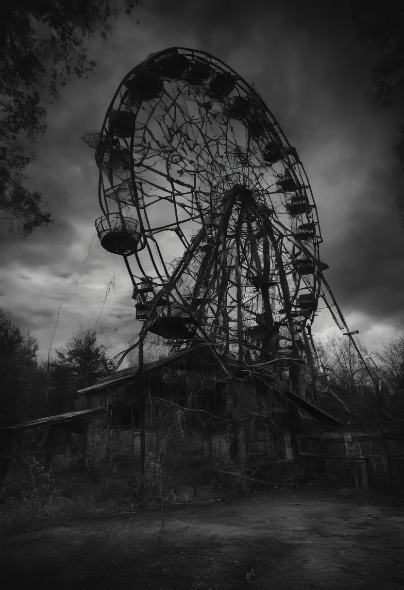 An abandoned amusement park with ooze coming out of the rides