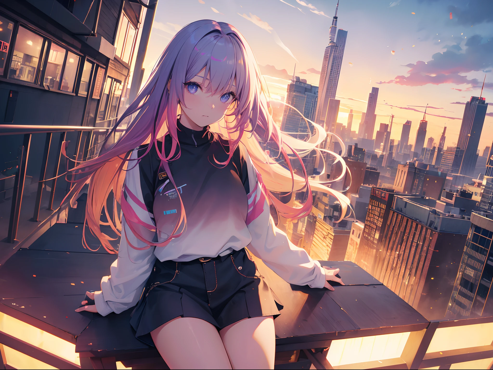 NY, (gradient hair, dutch angle:1.3), film grain, chromatic aberration, city, masterpiece, best quality, raw photo, photorealistic, absurdres, 1girl, cute, perspective, cowboy shot, highres, ultra detailed, detailed eyes and face, sharp pupils, realistic pupils, sharp focus, summer, night, detailed full figure, beautiful socks, Socks above the knees, chance meeting, runaway from home