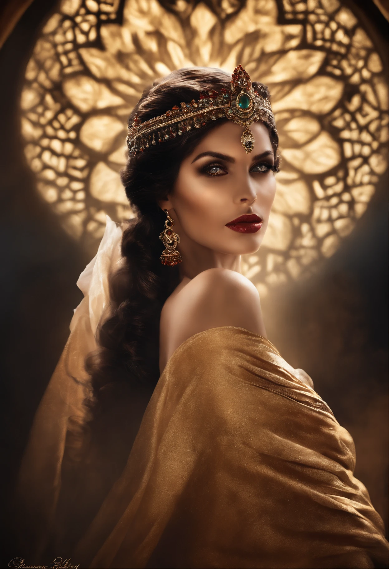 very pretty 22 yo Princess Jasmine, knee high, large breasts, topless, seductive expression, very long black hair, jewellery, (kohl eyes), tiny dark lingerie, henna tattoos, dungeon, mystical atmosphere, dark theme, fog mist, smoke (raw photo:1.1), 8k uhd, uhd, (natural lighting:1.2), (natural color:0.8), intricate, fine texture