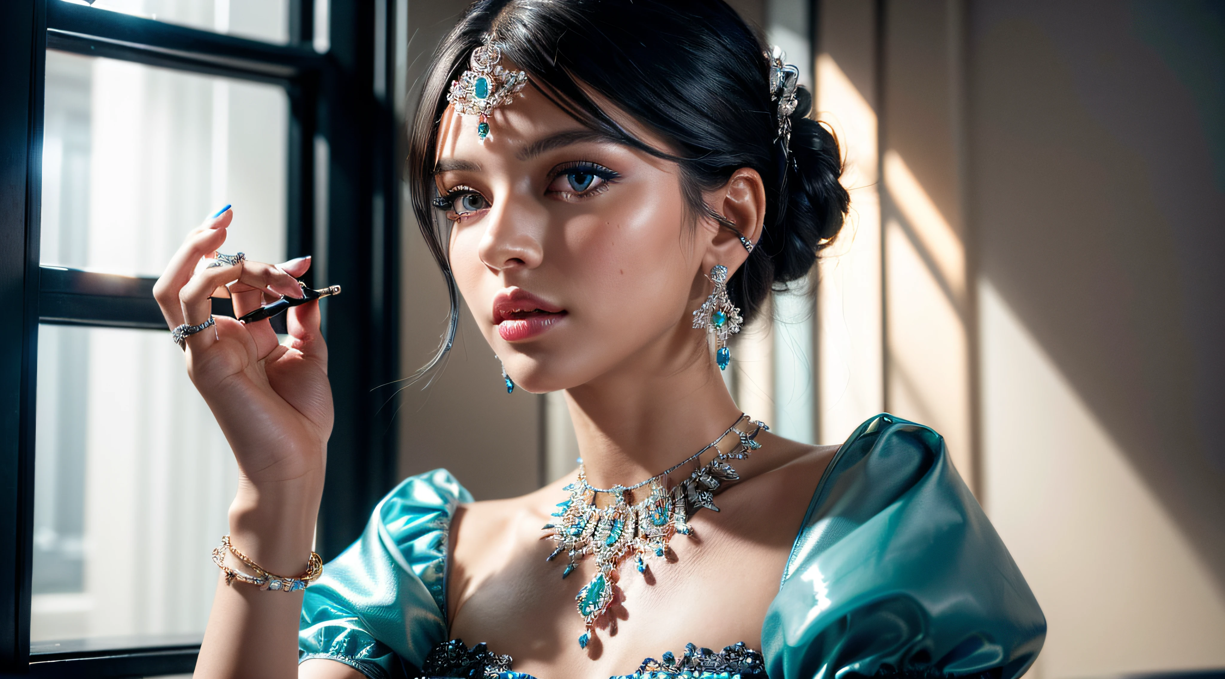 (8k, RAW photo, photorealistic)+ ,( lipgloss, eyelashes, gloss-face, glossy skin, best quality, ultra highres, A princess with bright blue eyes, symetrical face, jewellery, locket, earings, intricate details, 4K, 8k, hd