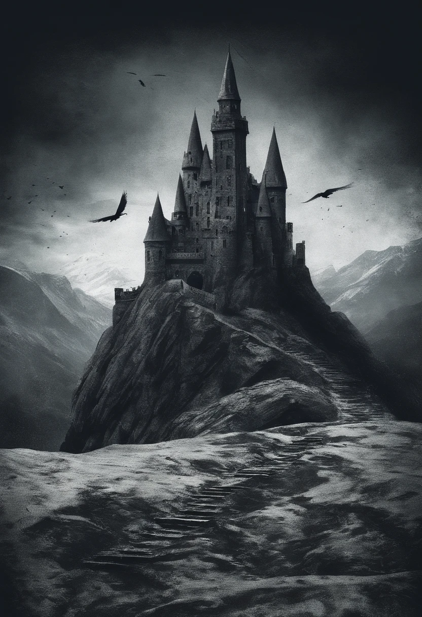 A solitary castle high in the mountains with eagles hovering above it