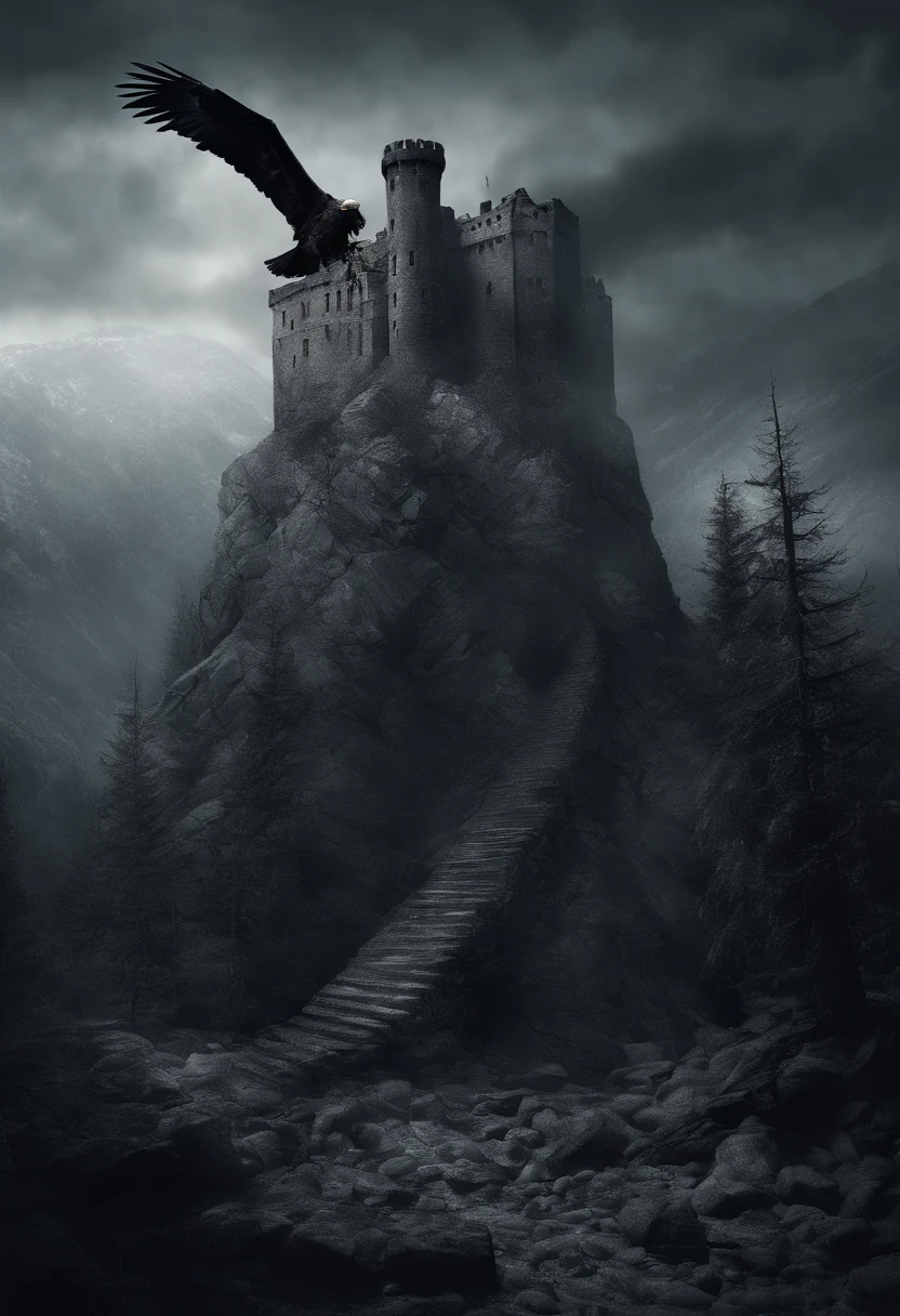 A solitary castle high in the mountains with eagles hovering above it