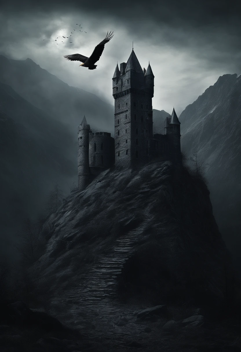 A solitary castle high in the mountains with eagles hovering above it