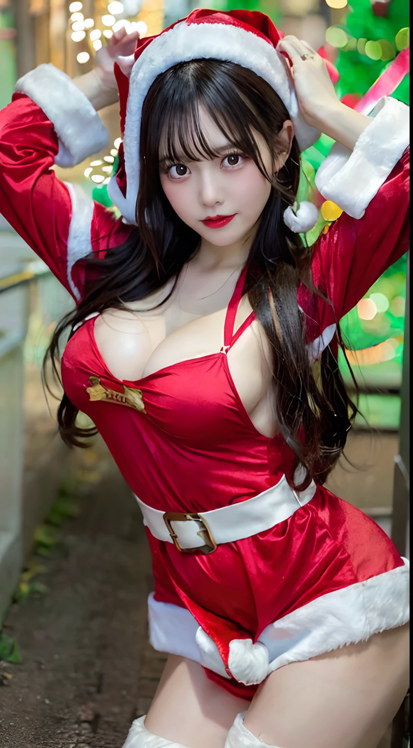 1girl in ,((santa costume)),tits out, wide open cleavage,(( Character Play)),((Street)) , natta、 (Long Black Hair),((looking to camera)), High resolution,Highly detailed, looking to camera,appearance々Posing, Put your hands on your head、The navel is visible