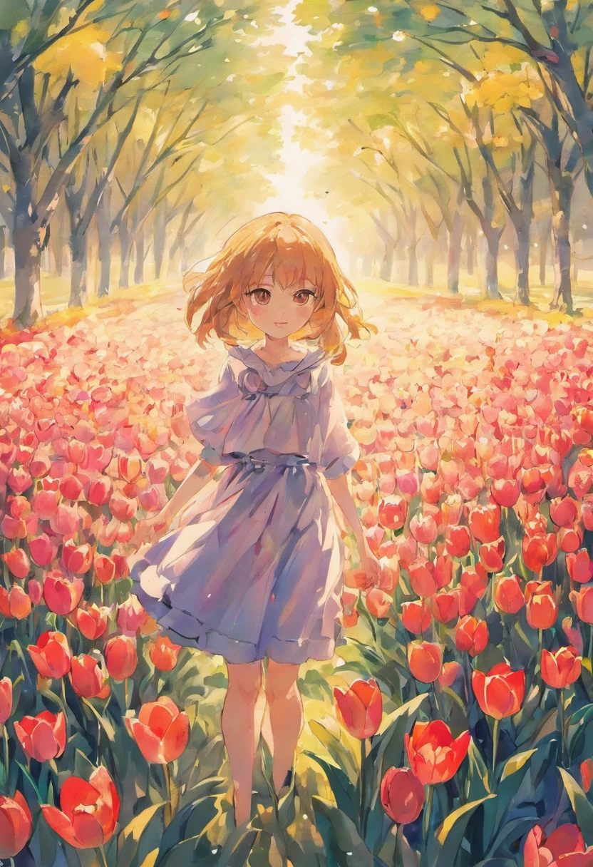 CAmpo de tulipas pintado em aquarela