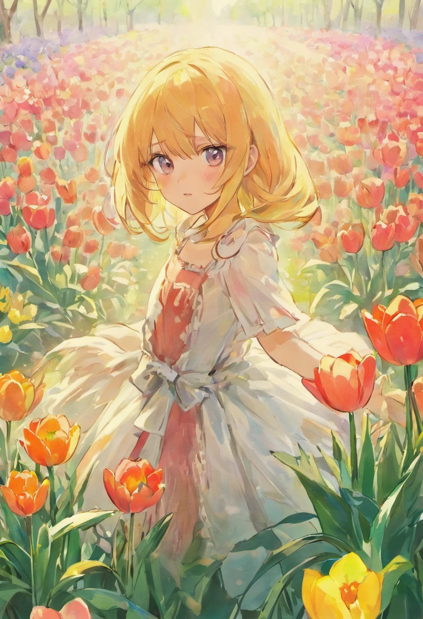 CAmpo de tulipas pintado em aquarela