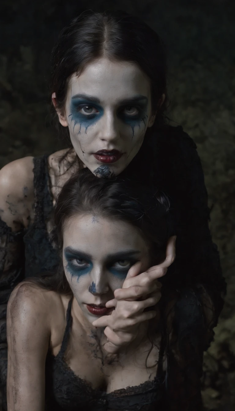 obra-prima inspirada em hellraiser, h. P. Lovecraft e Evil Dead 2013, realista de corpo inteiro ((corpo duro perfurado)) Photograph of two young zombies barely skinny female, Skinny young skinny two evil zombie female with hard body pierced ((Two young skinny zombies evil female, corpo inteiro perfurado)), decomposition, Dark black liquid of the decomposing body, 12k resolution, Body full of two cute cute young skinny scary evil evil zombie female psycho monster bat young girl with bright translucent pale ghostly dark evil skin zombie hugging close without clothes decaying black-blue liquid body with piercing, very intricate face paint scary bodypaint full pierced with dark liquid out, Detailed bright and bright dark liquid coming out of the eyes, louco brilhante zumbi mal magra emo, Cabelo azul claro escuro e verde claro, e o mal assustador perverso sorriso azul, cena sombria escura em casa assombrada muito assustadora, ultra-detalhado, ((arte sombria)), Pântano of horror, whole body view, head to toe, UHD
