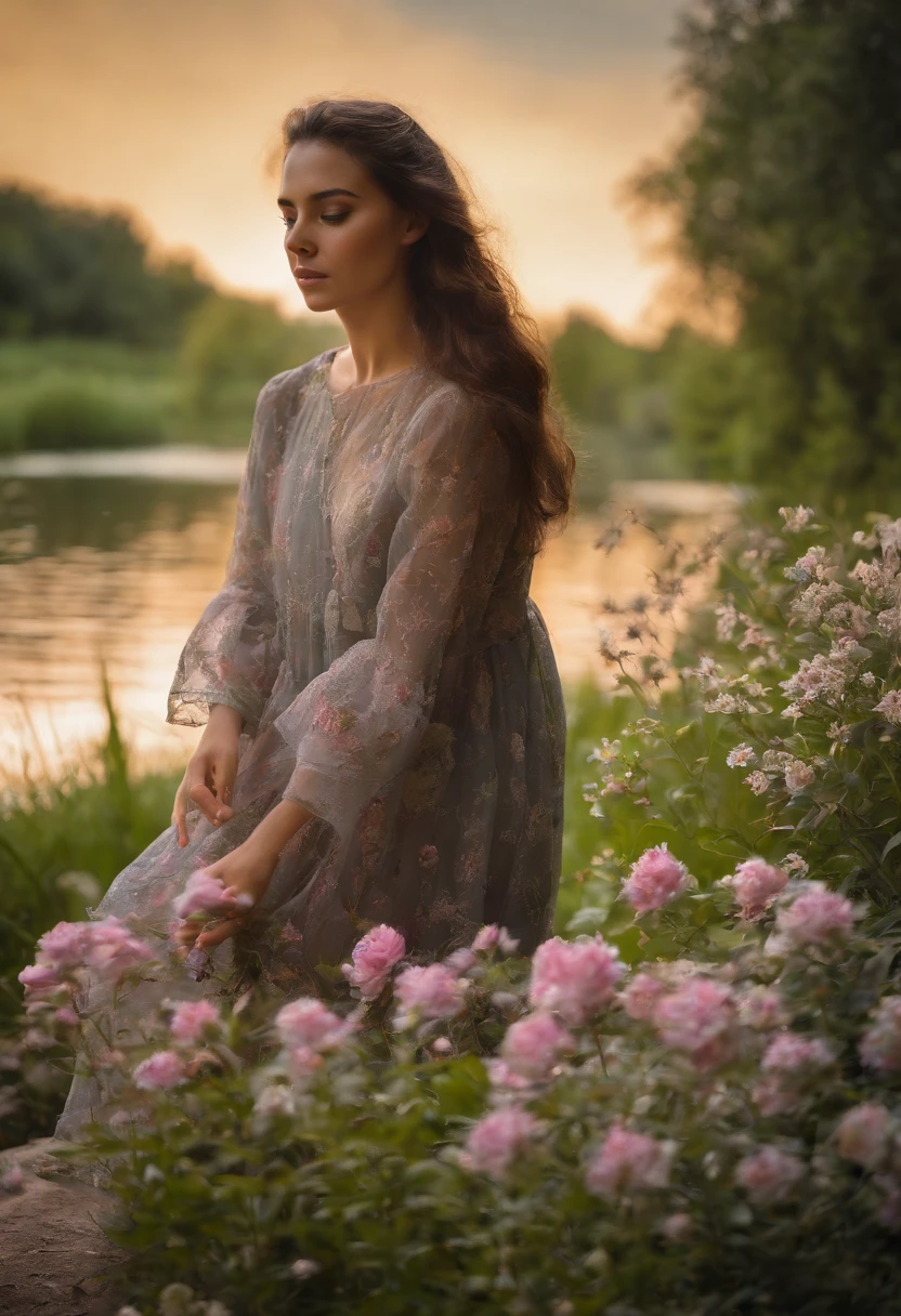 A woman in a dress standing in a field of flowers - SeaArt AI