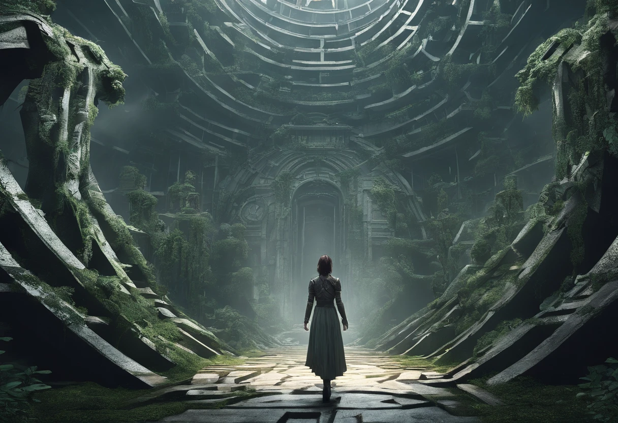 (Huge warrior statue in the background:1.5), (Best Quality,hight resolution),Detailed,Realistic,mystery,adventure,thrilling action,Beautiful Landscapes, ((Surrounded by vast forests)), 科幻小说,mystic atmosphere,Impressive visual effects,charmed,Enchanted World,((Rabbit eared girl exploring the maze:1.5)), ((Beautiful girl like an idol)), A twist that bends the heart,Maze walls covered with lush greenery,Vibrant colors,ominous shadows,Impressive scale and depth,Complex puzzles,Exhilarating chase scenes,Running for survival,Thrilling suspense,Dangerous roads and dead ends,Mysterious creatures lurking in the maze,Heroic determination,Change your perspective,Nerve-breaking tension,Game-changing secrets hidden in mazes,Dangerous traps and obstacles,Unforgettable climax,Cinematic Masterpiece.