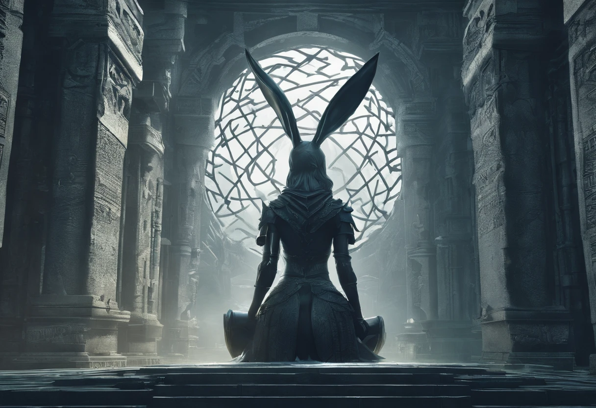 (Huge warrior statue in the background:1.5), (Best Quality,hight resolution),Detailed,Realistic,mystery,adventure,thrilling action,Beautiful Landscapes, ((Surrounded by vast forests)), 科幻小说,mystic atmosphere,Impressive visual effects,charmed,Enchanted World,((Rabbit eared girl exploring the maze:1.5)), ((Beautiful girl like an idol)), A twist that bends the heart,Maze walls covered with lush greenery,Vibrant colors,ominous shadows,Impressive scale and depth,Complex puzzles,Exhilarating chase scenes,Running for survival,Thrilling suspense,Dangerous roads and dead ends,Mysterious creatures lurking in the maze,Heroic determination,Change your perspective,Nerve-breaking tension,Game-changing secrets hidden in mazes,Dangerous traps and obstacles,Unforgettable climax,Cinematic Masterpiece.