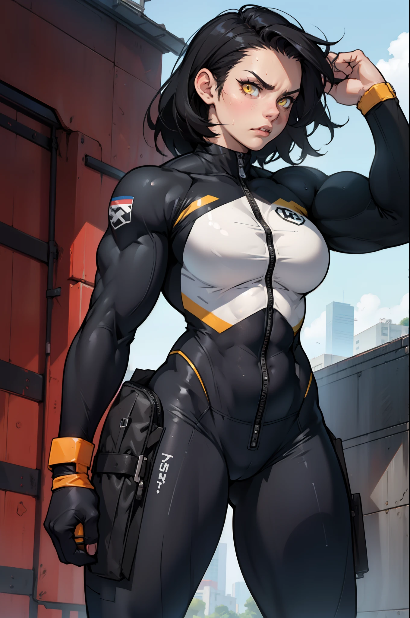 (muscular, thick thighs, small breasts, tight clothes, toned body, 1 girl), black hair, pale skin, yellow eyes, angry, solo