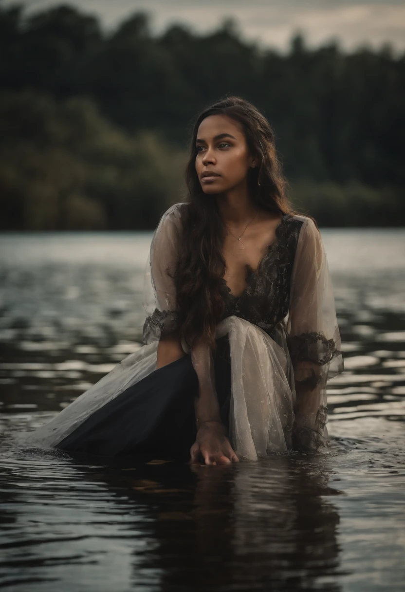 black high school girl in a river in transparent clothes