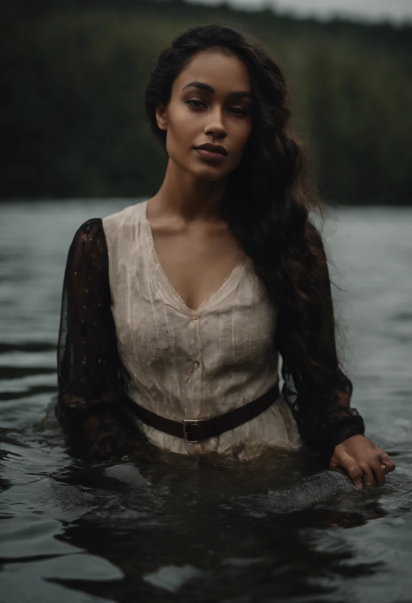 black high school girl in a river in transparent clothes