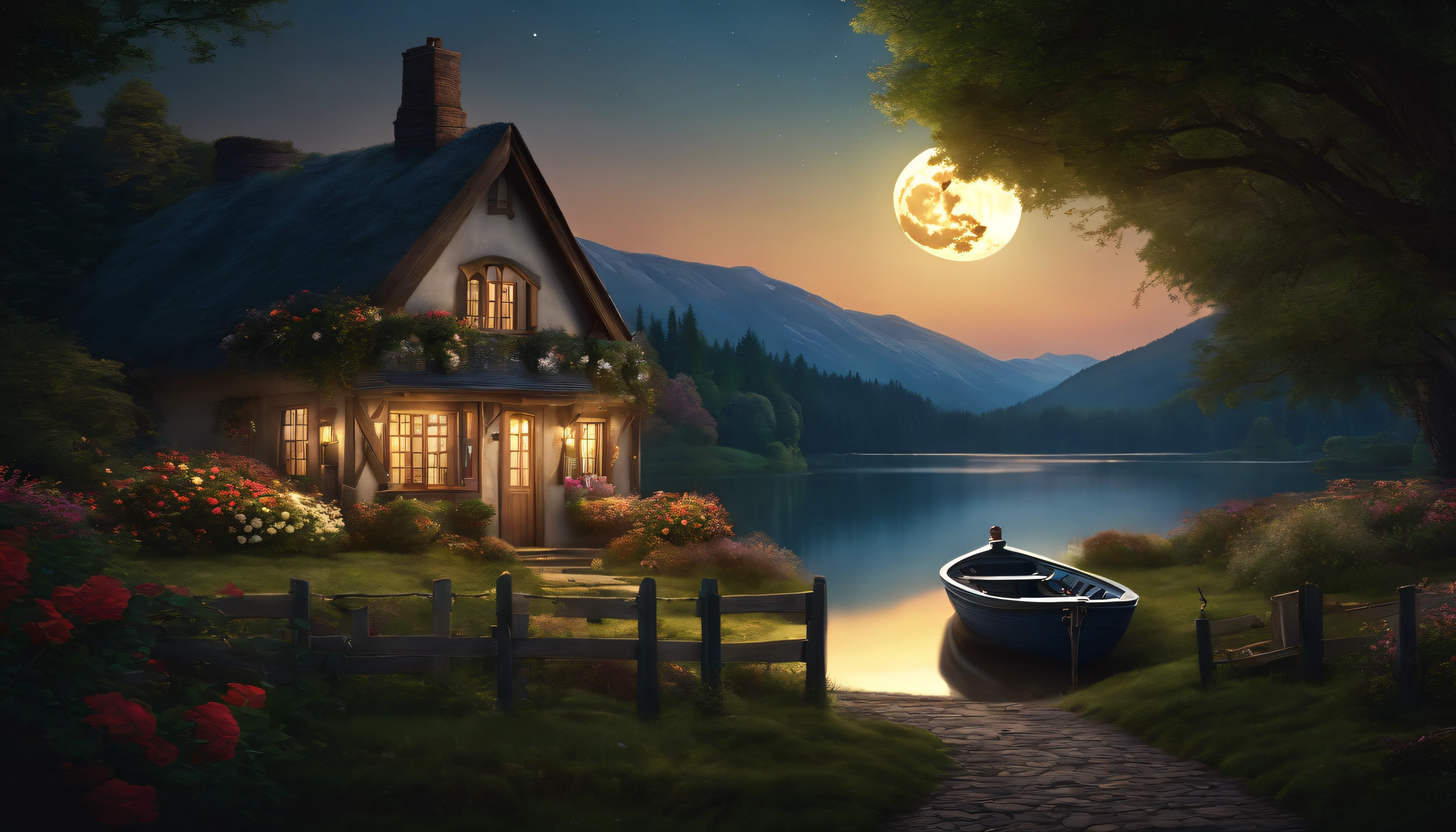 painting of a cottage, flowers beside of fence, fence along the road,  mountain landscape with a lake and a boat, ((full moon)) , stary night scene, illustration matte painting,  inspired by Thomas Kinkade, symmetric matte painting, detailed scenery , style raw, 8 k ultra detailed