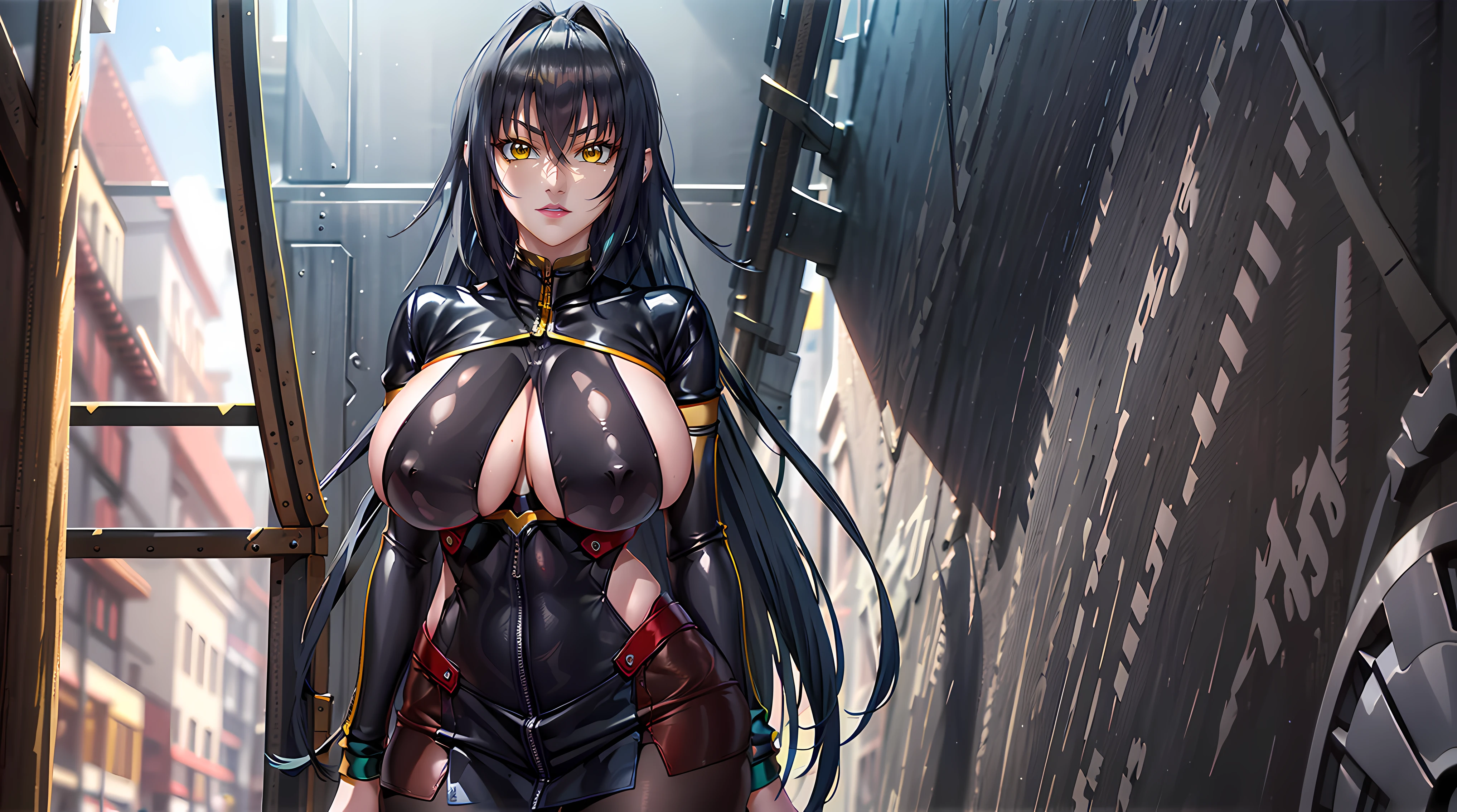 professional artwork, Intricate Details, field of view, sharp focus, detailed painting, photorealistic lighting, trending on pixiv, Standing at attention, black outfit ,yellow collared shirt,black and red bodysuit,skin_tight,black legwear, black pantyhose, Side_boob, black hair,very long hair, Bangs,yellow eyes,makeup, lipstick, 20yo,mature female,Beautiful Finger,Beautiful long legs,Beautiful body,Beautiful Nose,Beautiful character design, perfect eyes, perfect face, looking at viewer, NSFW,official art,extremely detailed CG unity 8k wallpaper, perfect lighting,Colorful, Bright_Front_face_Lighting, (masterpiece:1.0),(best_quality:1.0), ultra high res,4K,ultra-detailed, photography, 8K, HDR, highres, absurdres:1.2, Kodak portra 400, film grain, blurry background, bokeh:1.2, lens flare, (vibrant_color:1.2) (Beautiful,large_Breasts:1.4), (beautiful_face:1.5),(narrow_waist), (solo:1.4), ((landscape dimension)), annerose, classroom