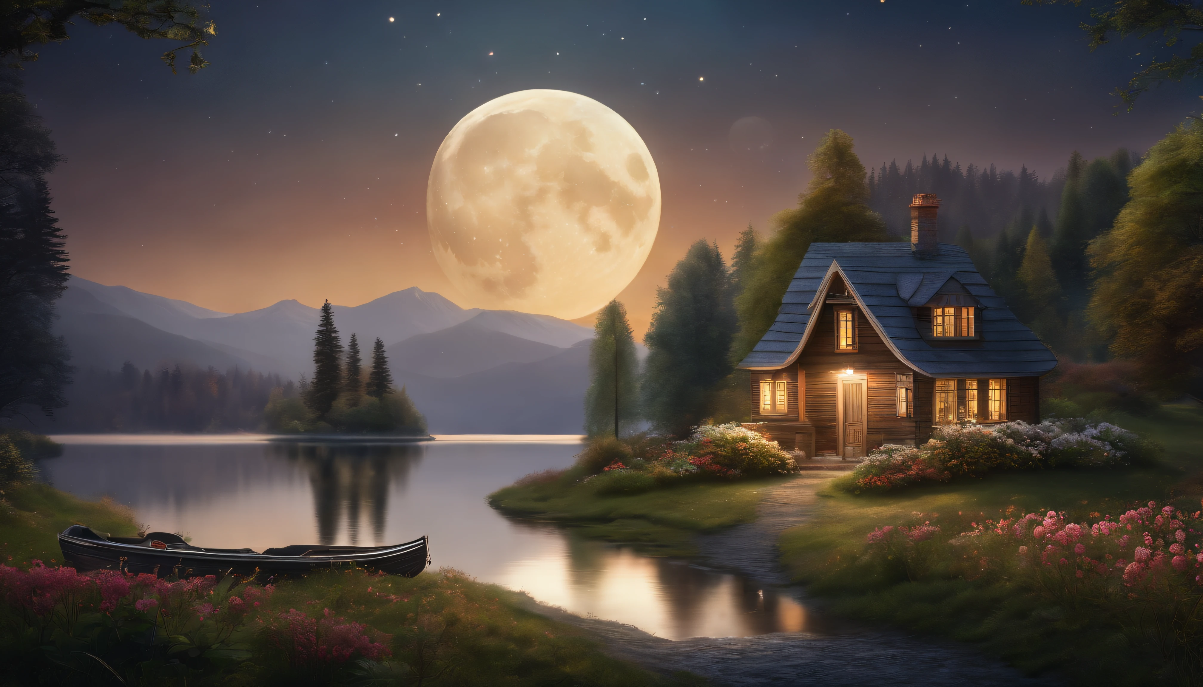 painting of a cottage, flowers beside of fence, fence along the road, mountain landscape with a lake and a boat, ((full moon)) , stary night scene, illustration matte painting, inspired by Thomas Kinkade, symmetric matte painting, detailed scenery , style raw, 8 k ultra detailed