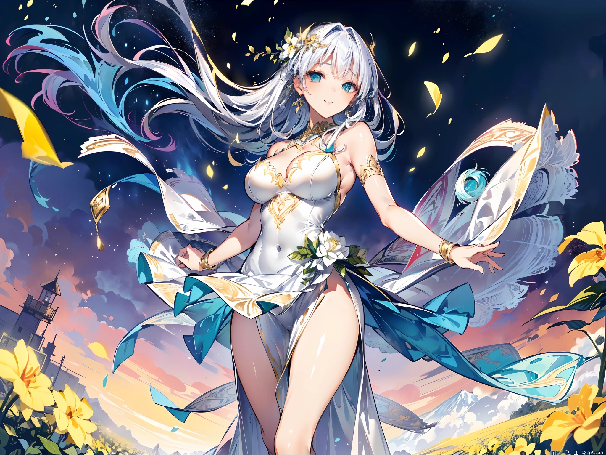 ((wide shot, dynamic angle)), (ultra high resolution:1.3, 8K RAW photo, photo realistics:1.2, thin outline:1.5), (standing in canola filled, windy effect, the rape blossom field, The edge of the mountain seen, spring breeze swaying sky, The setting moon is shining, A hazy moonlit night, turquoise green hair, The silver and white dress is embellished with gold detailed ornaments, Cute, Beautiful matured girl, (fine detailed beautiful eyes), weak smiling, Anime - Stylistic illustration of a woman in a white and gold dress, long dress with side slit, Anime goddess, a beautiful fantasy goddess, Alphonse mucha and rossdraws, Anime fantasy illustration, Beautiful young wind spirit,