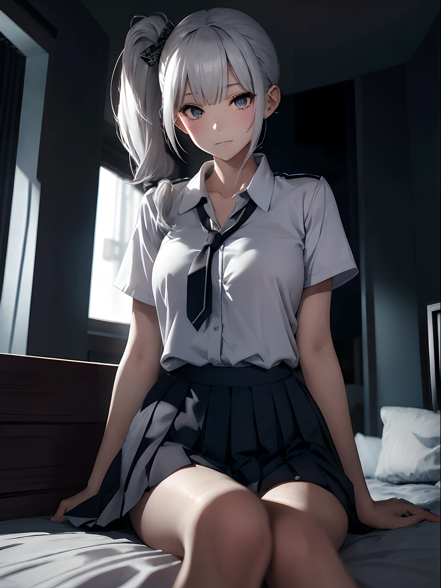 Silver-haired high school student、boredom、Short ponytail、poneyTail、、White short-sleeved shirt、skirt by the、、()、Beautiful legs、Bedrooms、