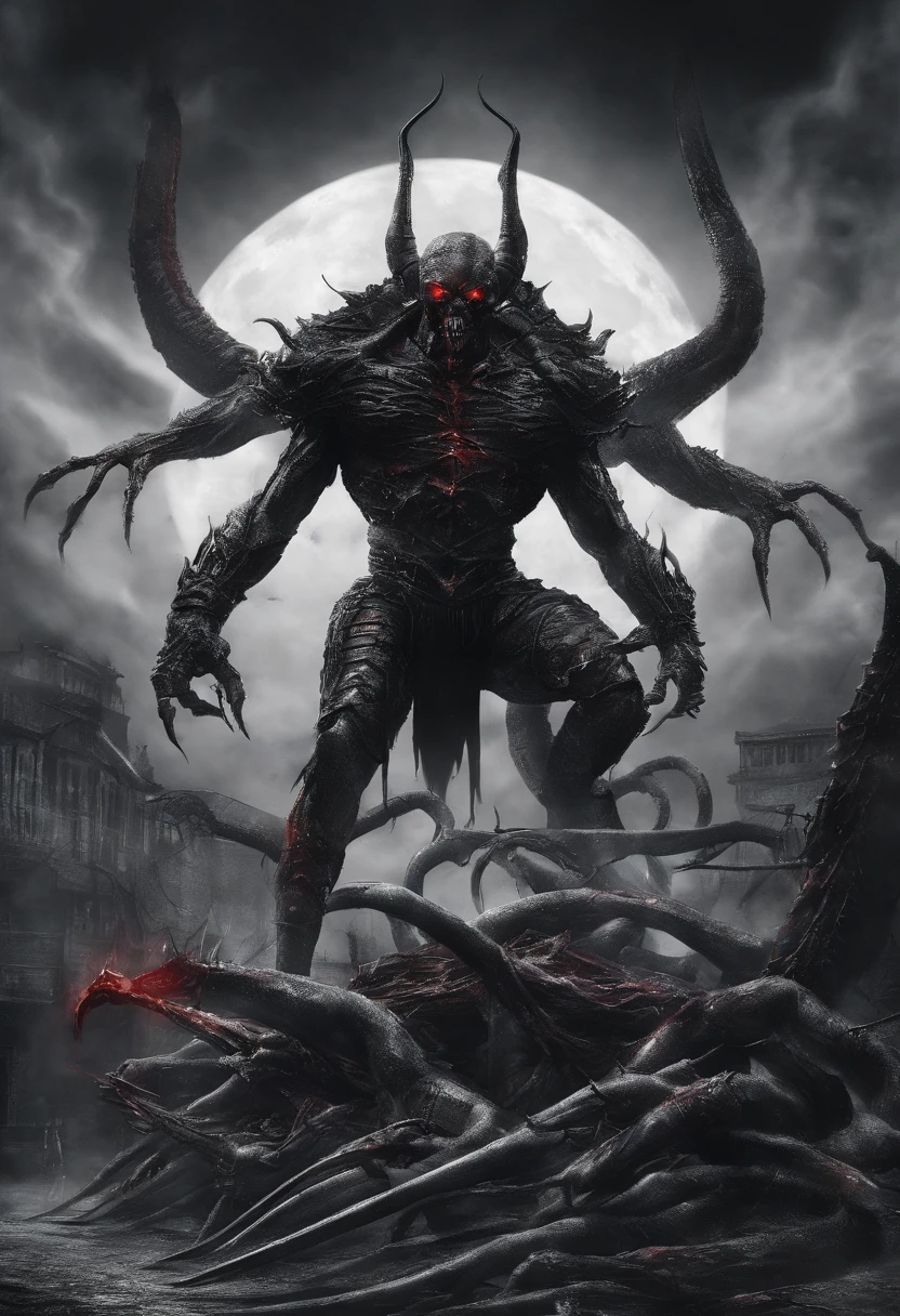 One body is full of black and red domineering armor，The clothes burst，Expose muscles，Countless tentacles stick out from the back，Tall, mighty and domineering，The pupils turn red，The whites of the eyes turn black，Black skin，Humanity，male people，chineseidol，The muscles are full，Age 18，height 190cm，Handsome，Wear red sneakers，white legwear，Black short sleeves，red long sleeve，Evil laughter，The hairstyle is a small airplane head