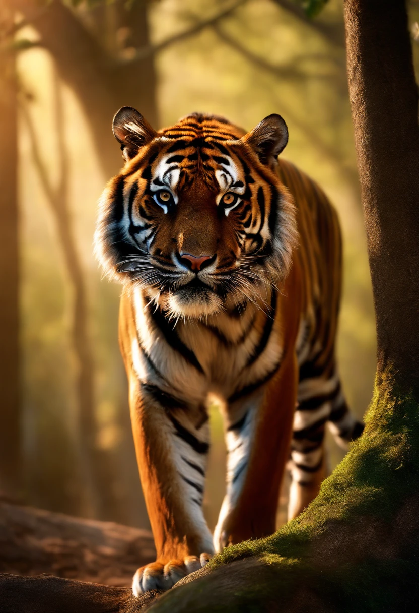 (best quality,4k,8k,highres,masterpiece:1.2),ultra-detailed,(realistic,photorealistic,photo-realistic:1.37),tiger in the wilderness,striking majestic eyes,ferocious expression,sharp teeth,striking vivid colors,(detailed fur,dense fur:1.1),(powerful build,large muscles),dense forest background,sunlight streaming through the trees,dramatic lighting,tiger blending into the environment,unpredictable atmosphere,foreboding presence,artistic rendering,high contrast,contrasting hues,controlled color palette
