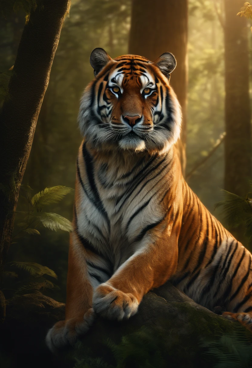 (best quality,4k,8k,highres,masterpiece:1.2),ultra-detailed,(realistic,photorealistic,photo-realistic:1.37),tiger in the wilderness,striking majestic eyes,ferocious expression,sharp teeth,striking vivid colors,(detailed fur,dense fur:1.1),(powerful build,large muscles),dense forest background,sunlight streaming through the trees,dramatic lighting,tiger blending into the environment,unpredictable atmosphere,foreboding presence,artistic rendering,high contrast,contrasting hues,controlled color palette