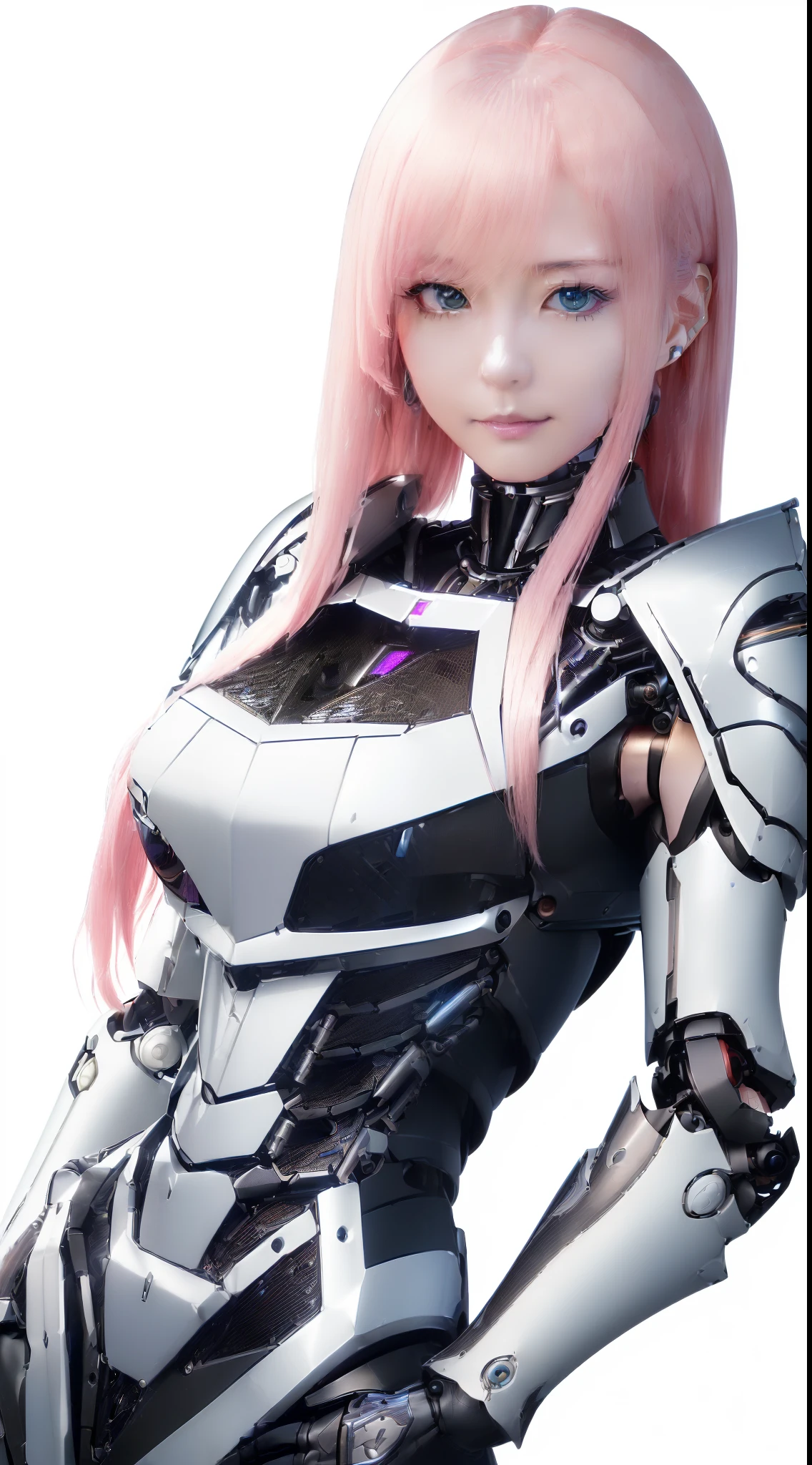 ((masutepiece)), ((top-quality), high quarity、ultra-definition, Realistic, (Ultra-fine face)、fulcolor 、scientific fiction、One beautiful robot police woman、droid、damage、(Mechanical joints)、Machine body、(Parts of the machine)、Thick wire joints、White porcelain mechanical armor、(Curvaceous face)、deadpan、pink straight hair、((Electronic substrate))