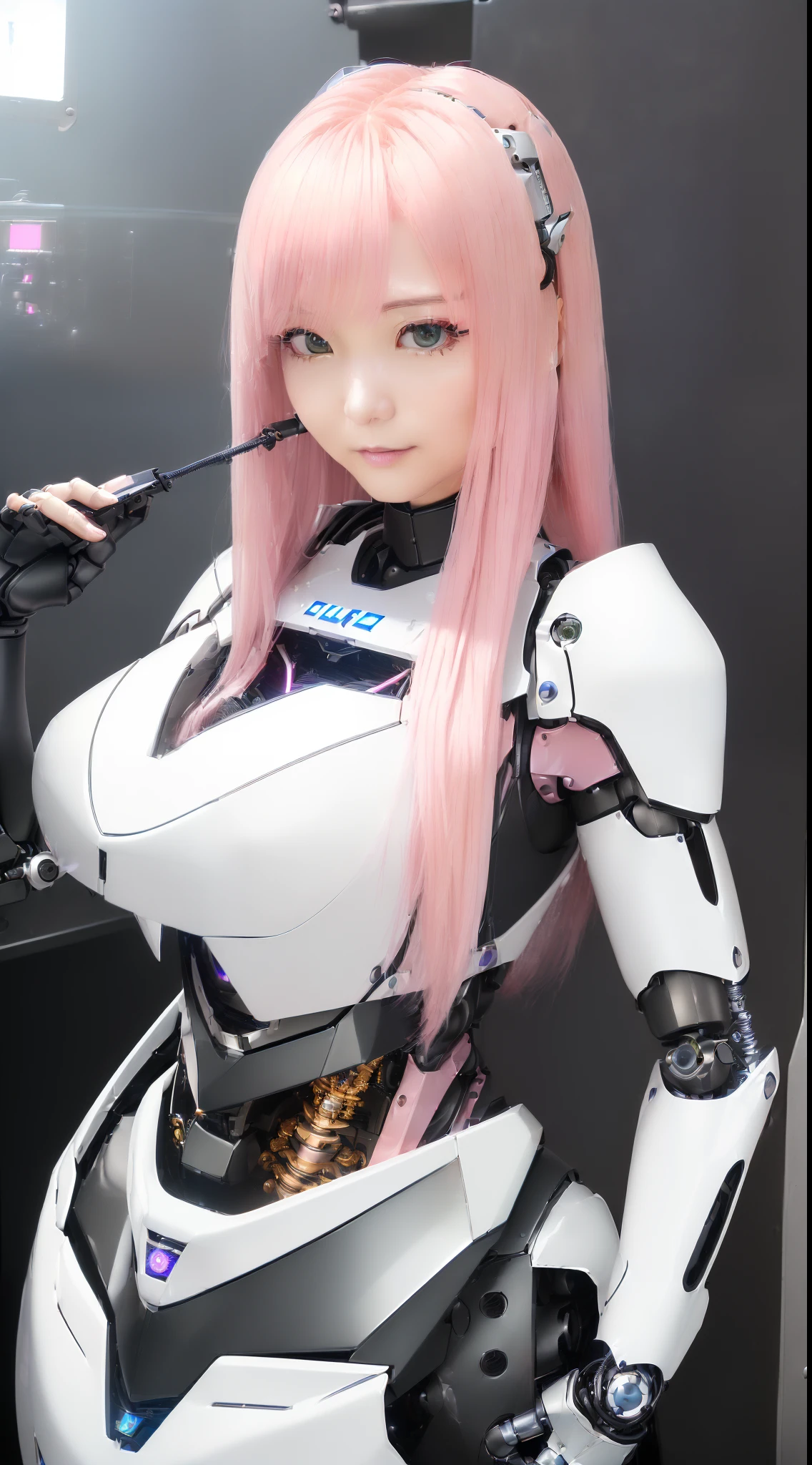 ((masutepiece)), ((top-quality), high quarity、ultra-definition, Realistic,  (Ultra-fine face)、fulcolor 、scientific fiction、One beautiful robot police woman、Robot Police、(Mechanical joints)、Machine body、(Parts of the machine)、Thick wire joints、White porcelain mechanical armor、(Curvaceous face)、deadpan、pink straight hair、((Electronic substrate))