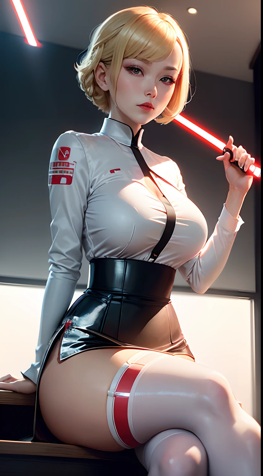 governess Japan Alafe (A MILF) a blond Shorthair (韓国アイドル) Japanese ido Whip whip bright red lips White silk shirt Black tight skirt Black stockings (Sitting cross-legged on a desk in a classroom) (I have a blue glowing lightsaber that looks like Star Wars). Portrait Low angle shooting