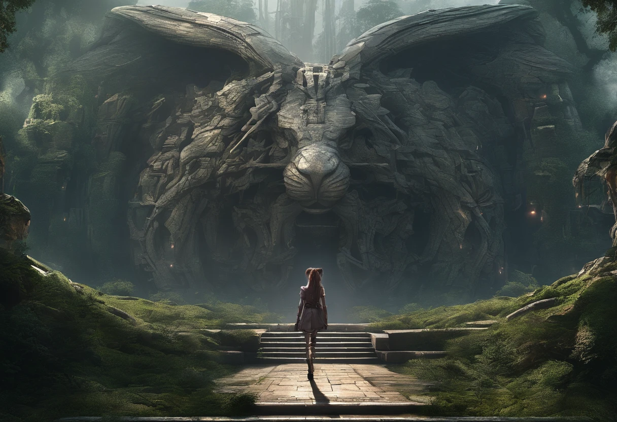 ((Huge warrior statue in the background:1.5)), (Best Quality,hight resolution),Detailed,Realistic,mystery,adventure,thrilling action,Beautiful Landscapes, ((Surrounded by vast forests)), 科幻小说,mystic atmosphere,Impressive visual effects,charmed,Enchanted World,((Rabbit eared girl exploring the maze:1.5)), ((Little girl in pink armor)), A twist that bends the heart,Maze walls covered with lush greenery,Vibrant colors,ominous shadows,Impressive scale and depth,Complex puzzles,Exhilarating chase scenes,Running for survival,Thrilling suspense,Dangerous roads and dead ends,Mysterious creatures lurking in the maze,Heroic determination,Change your perspective,Nerve-breaking tension,Game-changing secrets hidden in mazes,Dangerous traps and obstacles,Unforgettable climax,Cinematic Masterpiece.