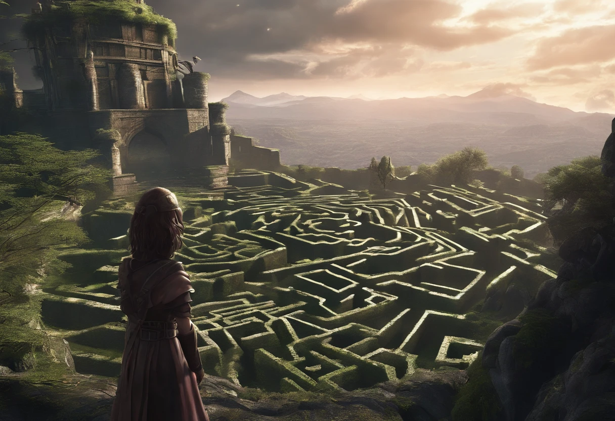 ((Huge warrior statue in the background:1.5)), (Best Quality,hight resolution),Detailed,Realistic,mystery,adventure,thrilling action,Beautiful Landscapes, ((Surrounded by vast forests)), 科幻小说,mystic atmosphere,Impressive visual effects,charmed,Enchanted World,((Rabbit eared girl exploring the maze:1.5)), ((Little girl in pink armor)), A twist that bends the heart,Maze walls covered with lush greenery,Vibrant colors,ominous shadows,Impressive scale and depth,Complex puzzles,Exhilarating chase scenes,Running for survival,Thrilling suspense,Dangerous roads and dead ends,Mysterious creatures lurking in the maze,Heroic determination,Change your perspective,Nerve-breaking tension,Game-changing secrets hidden in mazes,Dangerous traps and obstacles,Unforgettable climax,Cinematic Masterpiece.