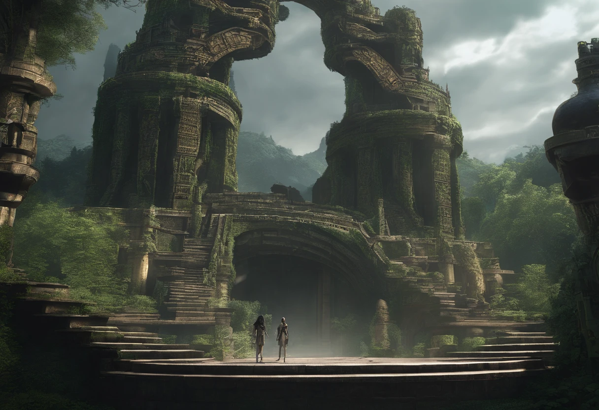 ((Huge warrior statue in the background:1.5)), (Best Quality,hight resolution),Detailed,Realistic,mystery,adventure,thrilling action,Beautiful Landscapes, ((Surrounded by vast forests)), 科幻小说,mystic atmosphere,Impressive visual effects,charmed,Enchanted World,((Rabbit eared girl exploring the maze:1.5)), ((Little girl in pink armor)), A twist that bends the heart,Maze walls covered with lush greenery,Vibrant colors,ominous shadows,Impressive scale and depth,Complex puzzles,Exhilarating chase scenes,Running for survival,Thrilling suspense,Dangerous roads and dead ends,Mysterious creatures lurking in the maze,Heroic determination,Change your perspective,Nerve-breaking tension,Game-changing secrets hidden in mazes,Dangerous traps and obstacles,Unforgettable climax,Cinematic Masterpiece.