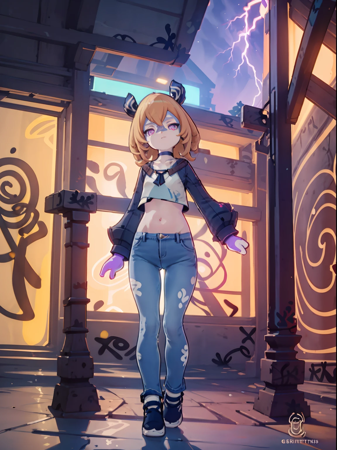 Melousine | genshin impact, master-piece, bestquality, 1girls,25 years old, proportional body, elongated legs, proportional., crop top, Long Jeans, mediuml breasts, ,bara, crop top, choker, (Graffiti:1.5), Splash with purple lightning pattern., arm behind back, against wall, View viewers from the front., Thigh strap, Head tilt, bored, 4k, 8k, HD,