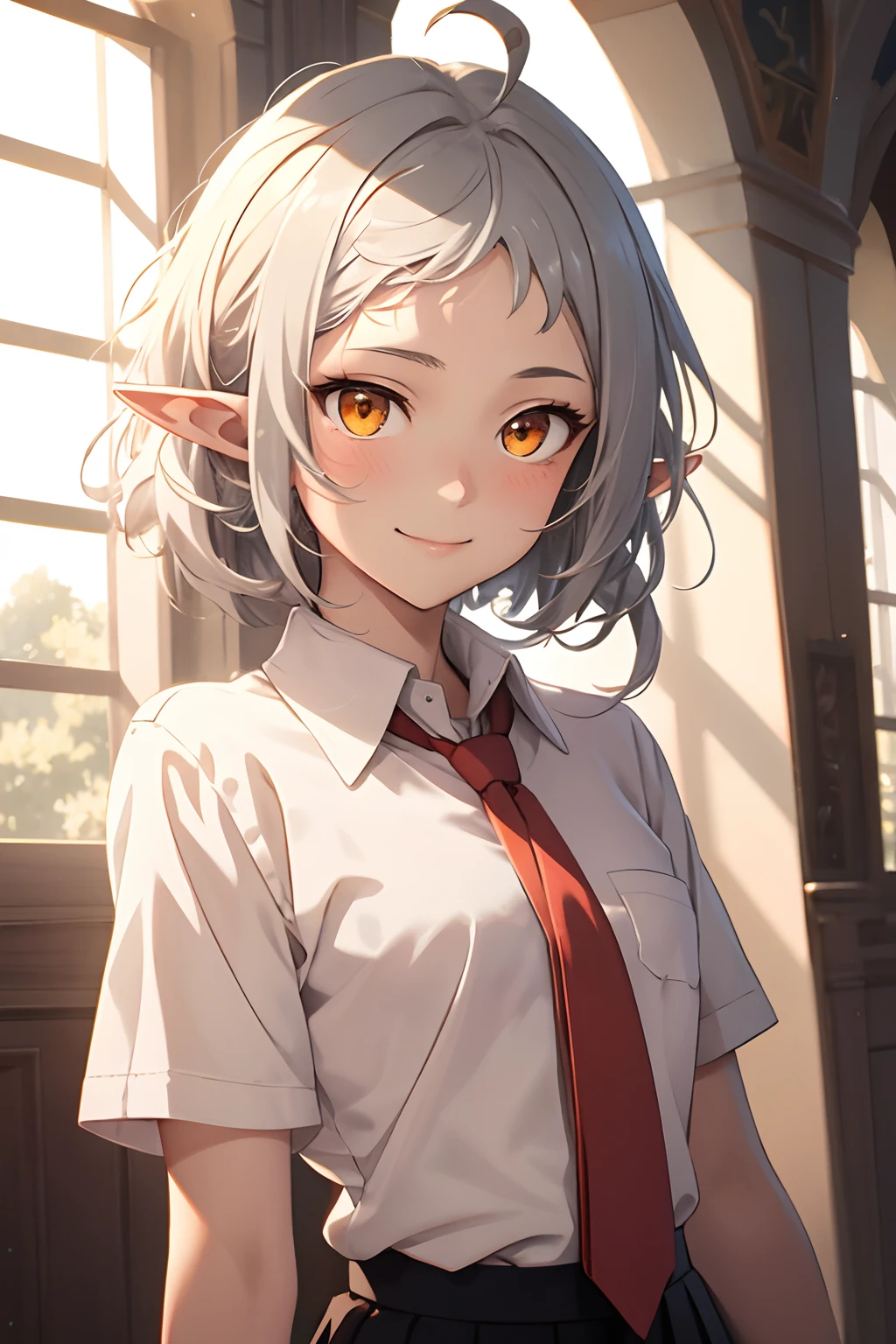 Sylphiette, anime style beautiful woman, light smile, silver hair, 18 years old, orange eyes, elf ears, ahoge, androgynous, school uniform, white collared shirt, red tie, masterpiece, best quality, upper body, solo, top quality, high resolution.