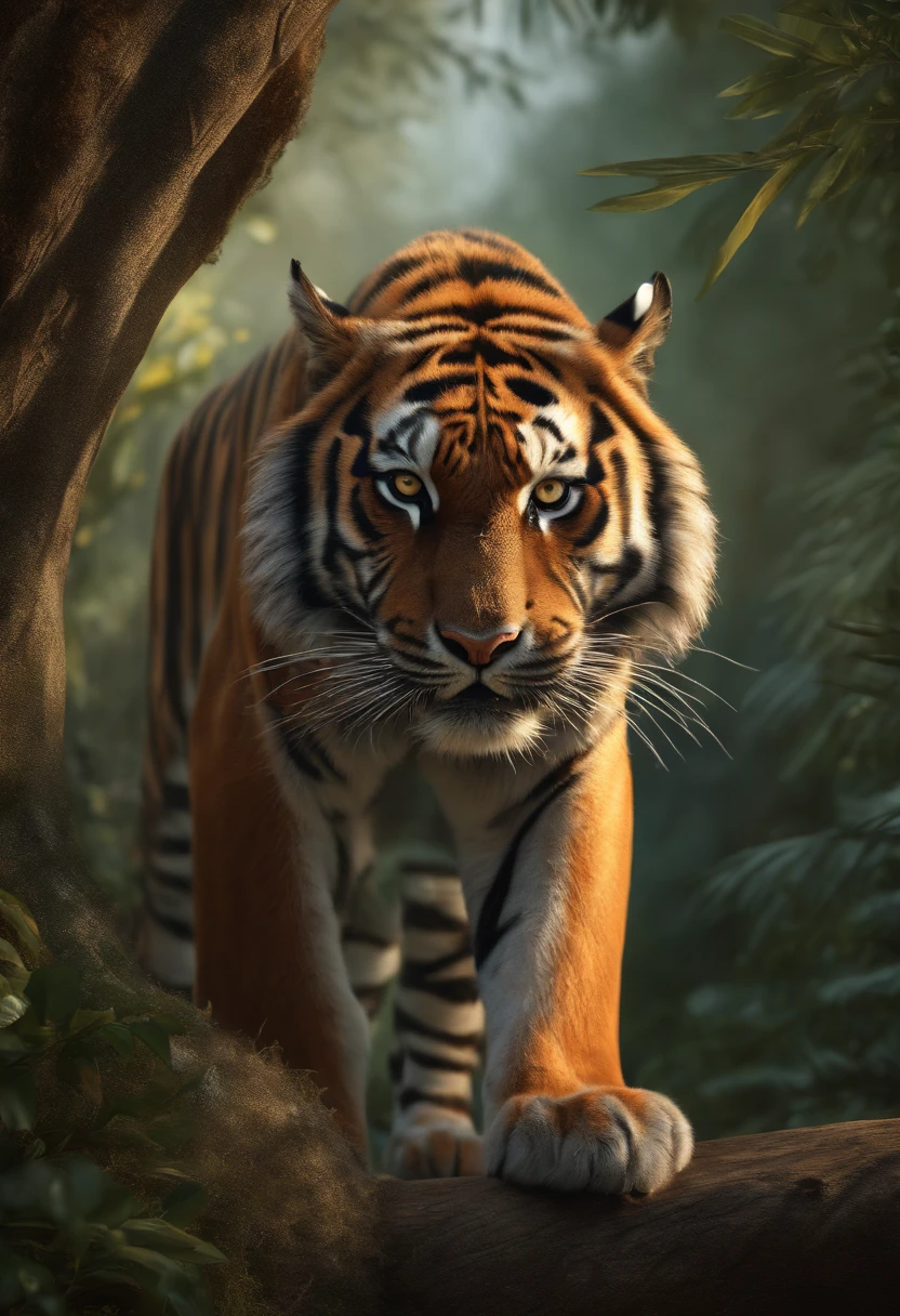 (best quality,4k,8k,high-res,masterpiece:1.2), ultra-detailed,(realistic,photorealistic,photo-realistic:1.37), a tiger in the wilderness, majestic eyes that catch attention, fierce expression, sharp teeth, vibrant colors, detailed fur, dense fur:1.1, powerful build, lush forest background, sunlight streaming through the trees, dramatic lighting, the tiger blends into the environment, an unpredictable atmosphere, ominous presence, artistically rendered, high contrast, contrasting color tones, controlled color palette