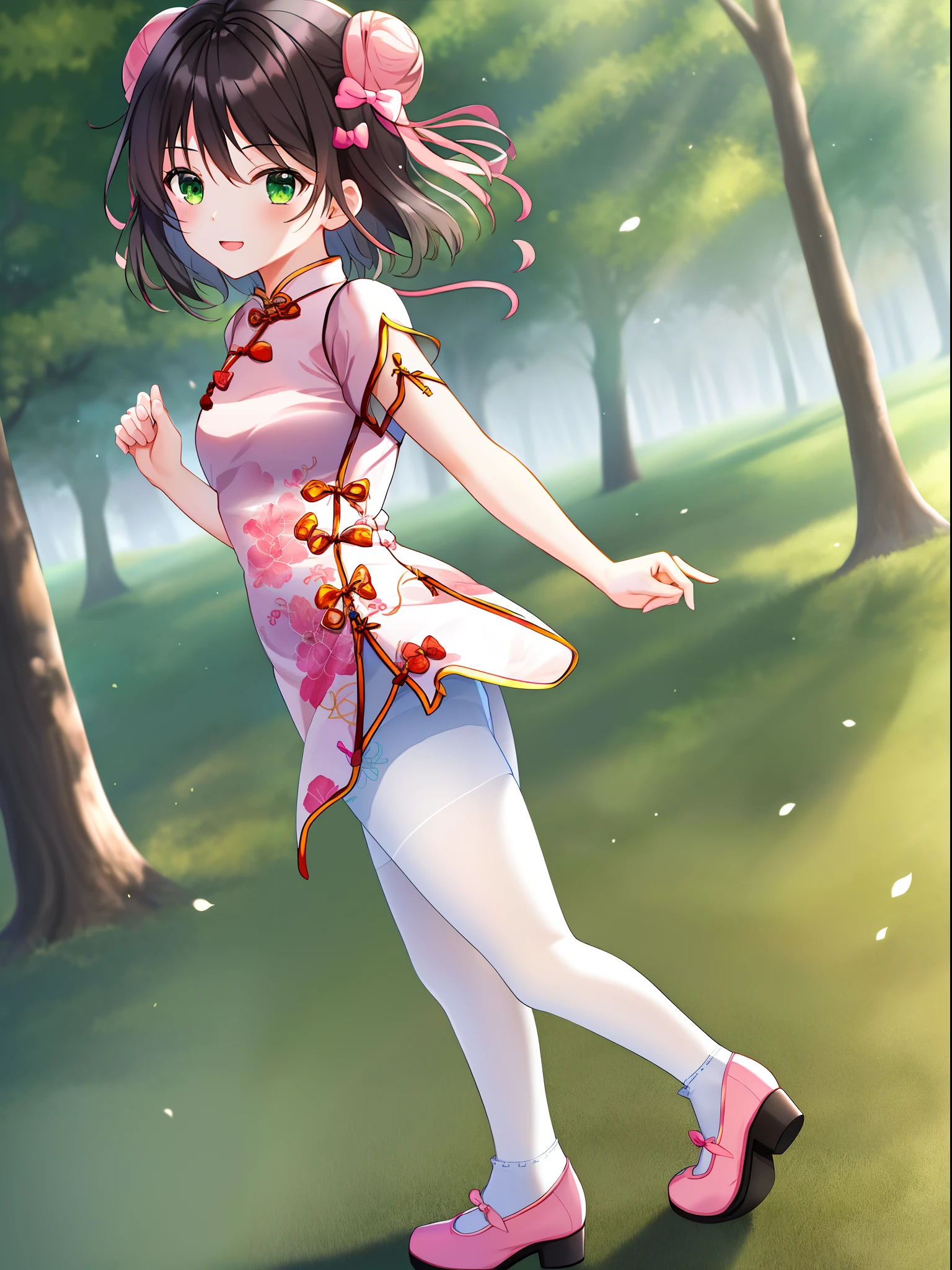 1 girl, solo, masterpiece, highres, ultra details, CG quality, cute li, full body, (from side:1.2), black hair, green eyes, high quality eyes, high quality hands, (twin buns:1.3), (hair bows:1.3), (short hair:1.6), (pink short cheongsam:1.6), no sleeves, small breast, silver bangles, (white embroidered pantyhose:1.3), (pink traditional flat shoes:1.5), bows on shoes, standing, delighted, spreading arms, spinning on tiptoe, forest, high quality background, depth of field
