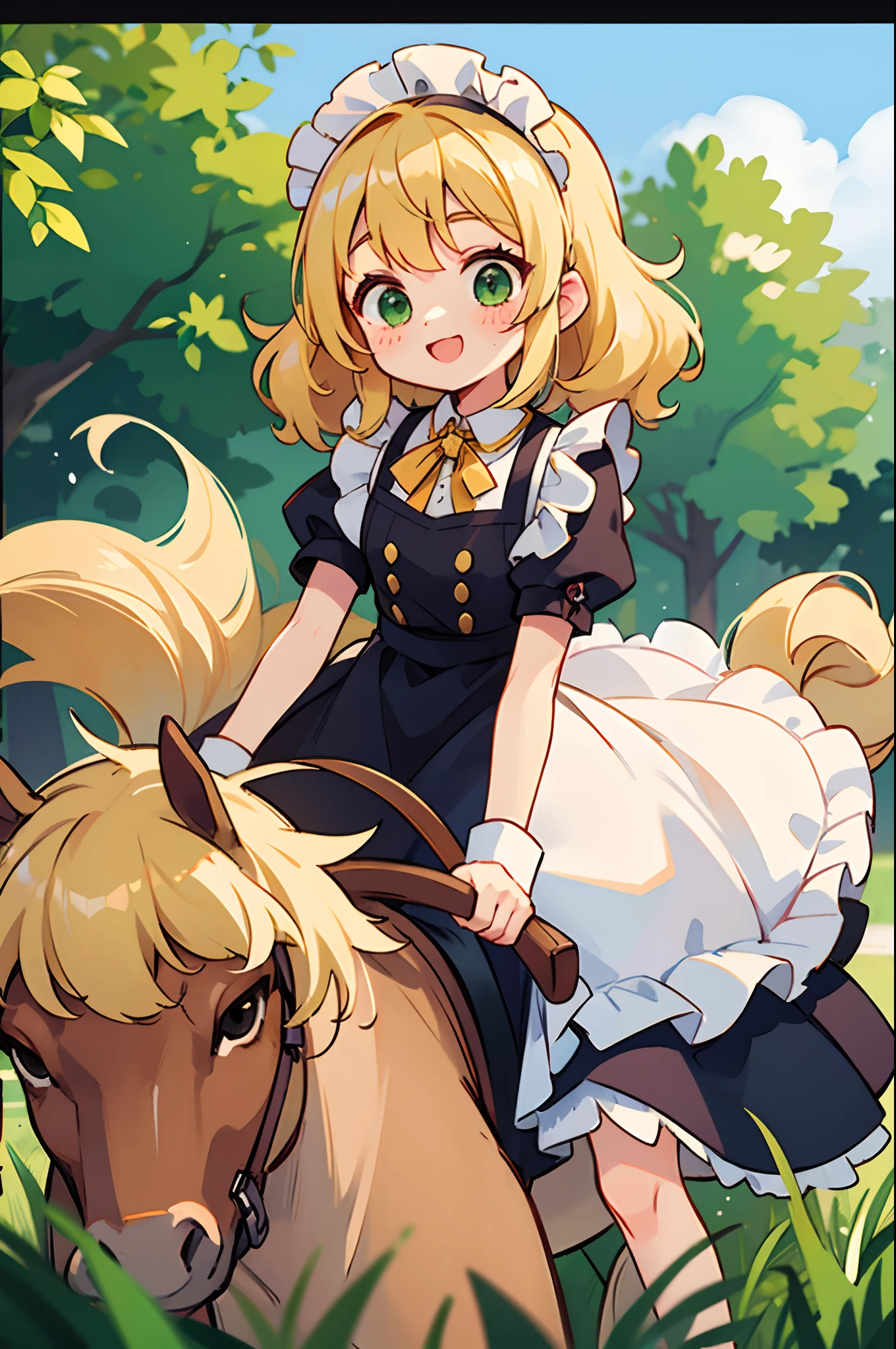 One Girl Riding Horseback、Cute girl with green eyes、Severe curly hair、Naturally curly hair、Golden hair、hitornfreckles、Housemaid style、ssmile
