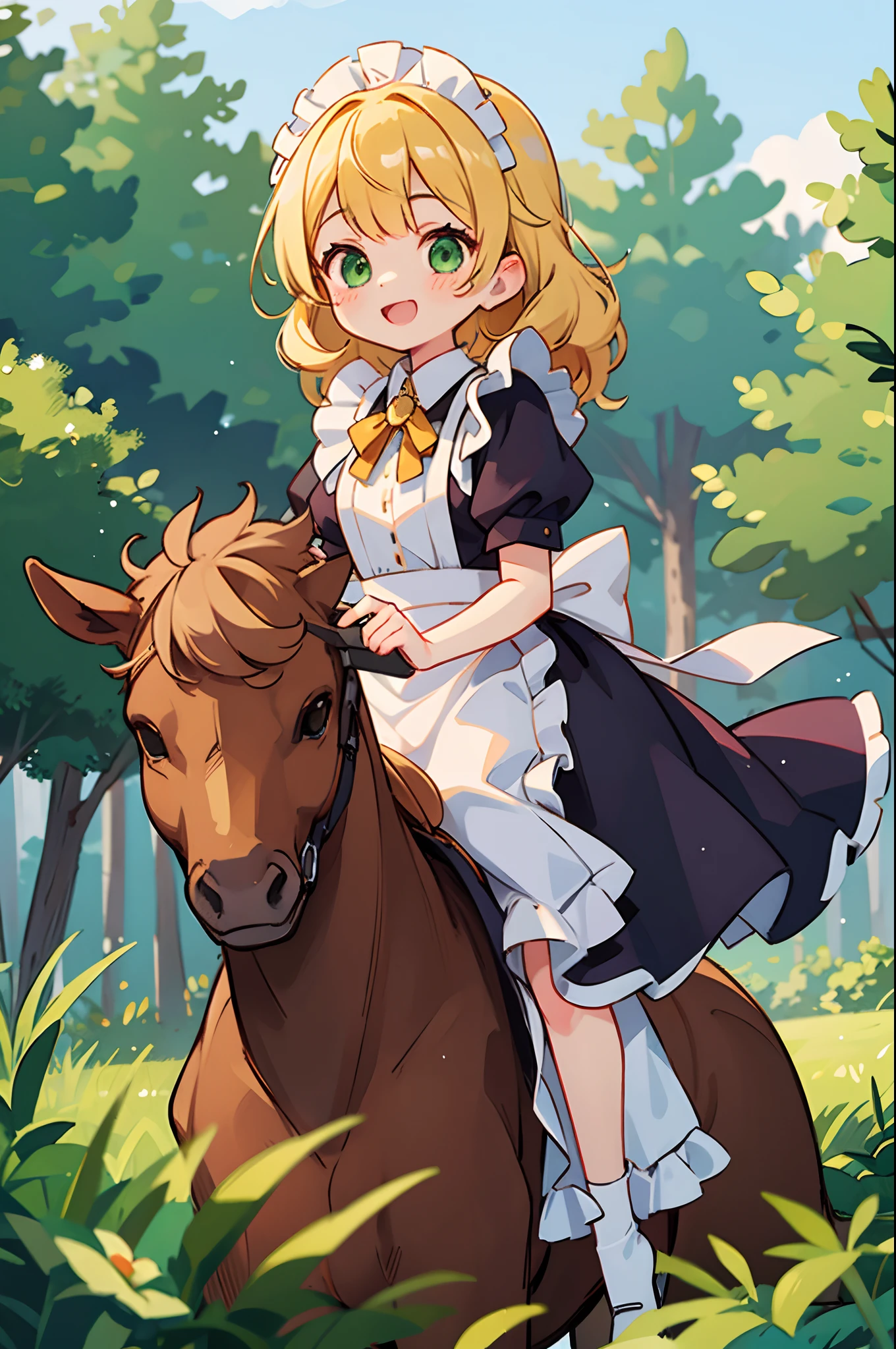 One Girl Riding Horseback、Cute girl with green eyes、Severe curly hair、Naturally curly hair、Golden hair、hitornfreckles、Housemaid style、ssmile