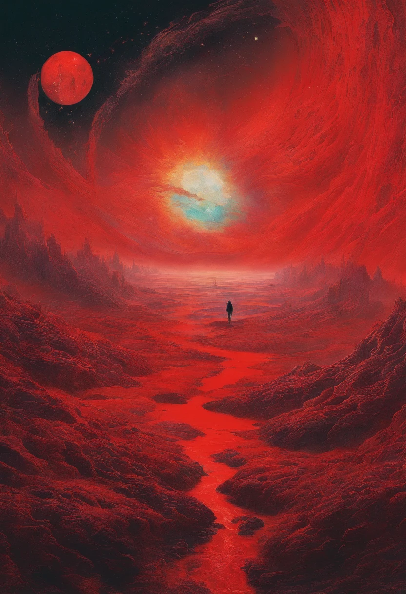 mythological creatures, author:Zdzislaw Beksinski和Van Gogh, album covers, romatic, surrealism, Futuristic ,satan, coral, wizard, abstracted, Dark, Red, hell, landscape