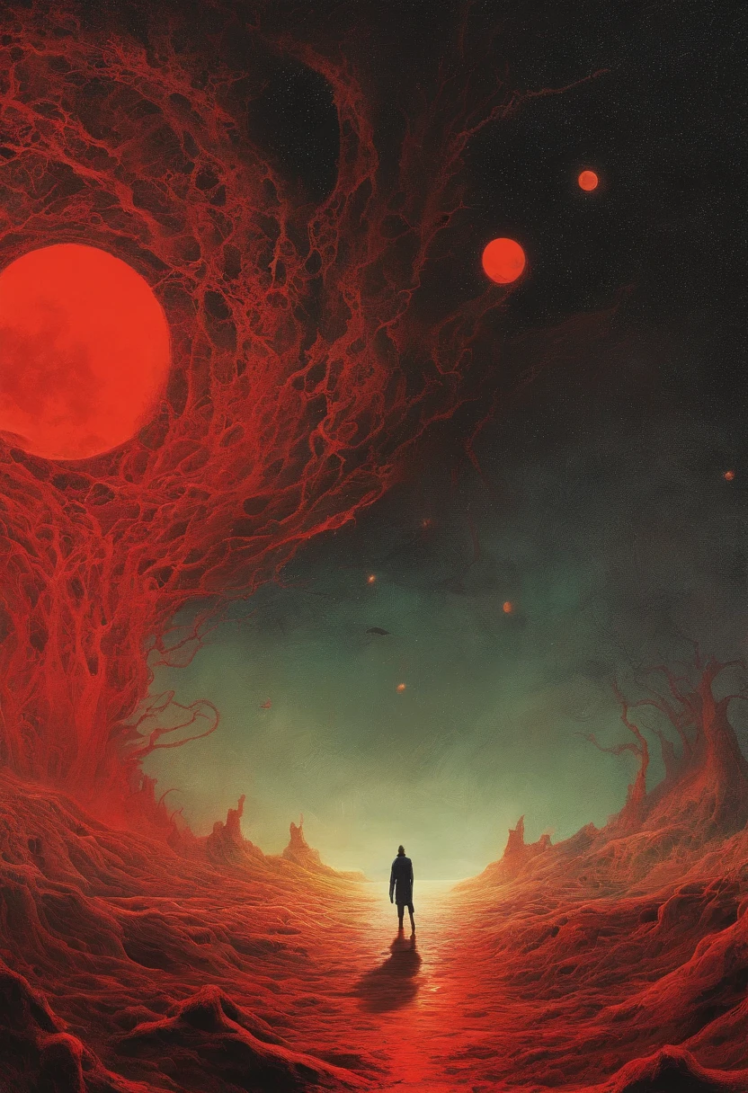 mythological creatures, author:Zdzislaw Beksinski和Van Gogh, album covers, romatic, surrealism, Futuristic ,satan, coral, wizard, abstracted, Dark, Red, hell, landscape