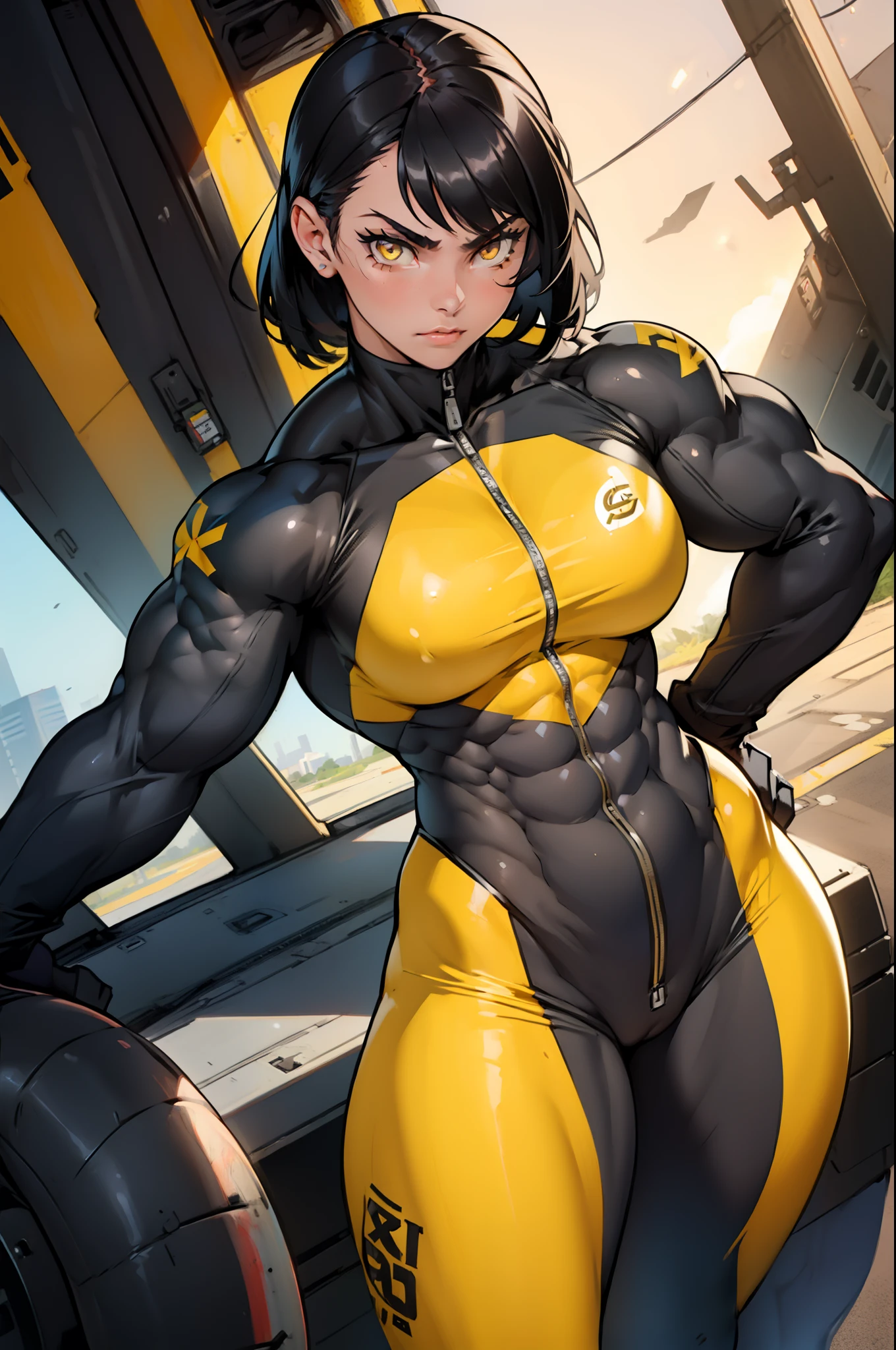 (((((((1 girl muscular))))))) angry yellow eyes black hair pale skin thick thighs (pilot suit) bodysuit solo standing shiny skin