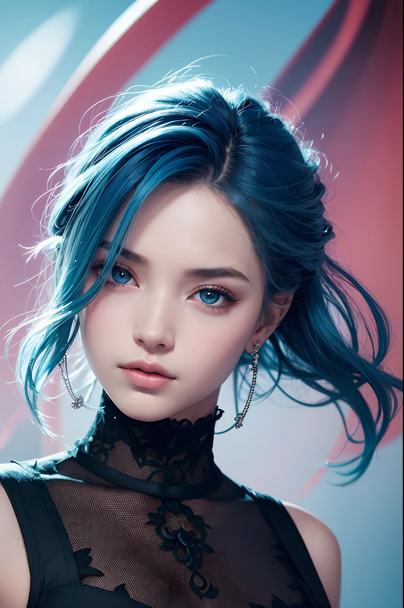Criar uma fotografia profissional de uma bela mulher de 26 anos, with blue hair and an intense red iris. She is in an artistic and surreal 2D environment, com um fundo abstrato e colorido. O cabelo da mulher flui em ondas suaves enquanto captura a luz de forma brilhante. Seus olhos vermelhos se destacam contra a vivacidade do fundo, transmitindo uma energia misteriosa e poderosa. She's wearing an elegant, modern dress, with unique cuts and details that complement your unique personality. The photograph is captured at an artistic angle, emphasizing the beauty and confident expression of the woman. The lighting is soft and balanced, enhancing your facial features and creating a captivating atmosphere. The image conveys a sense of mystery and strength, combining artistic and realistic elements in an impressive composition.
