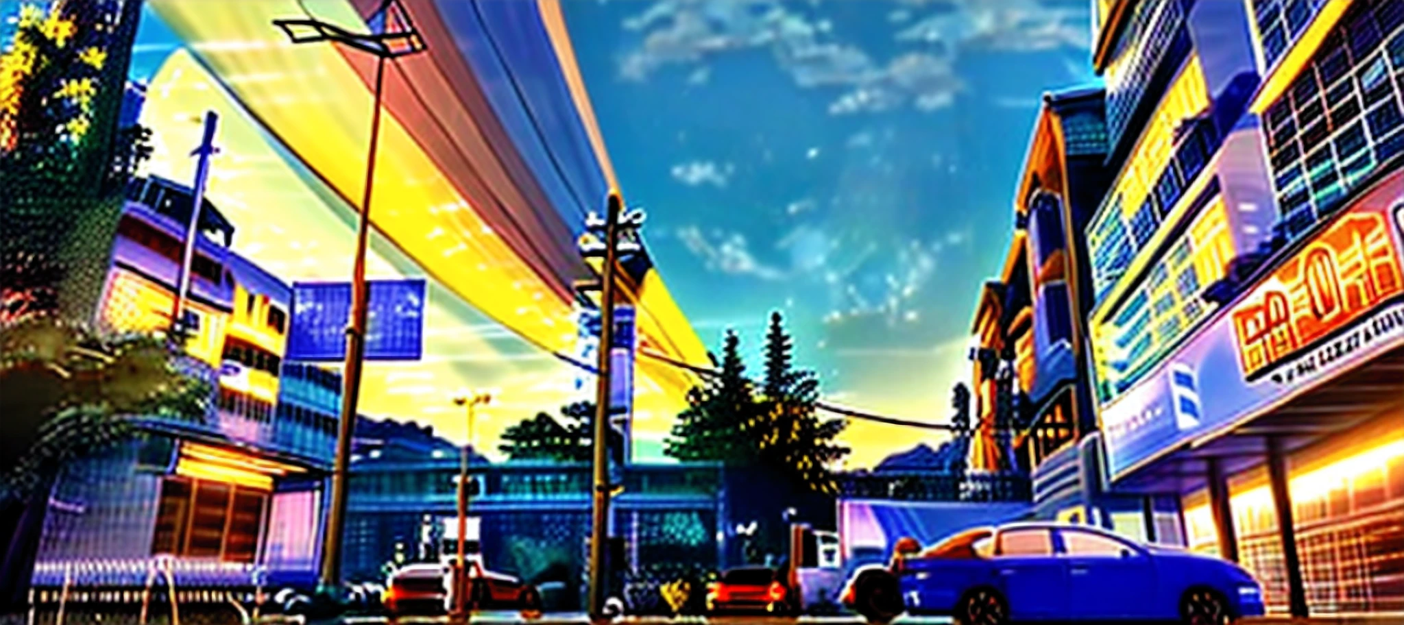 (Best quality,4K,8K,A high resolution,Masterpiece:1.2),anime big breast,Beautiful detail building,Vibrant sunshine,Real sky and clouds,Picturesque street view,stratus,rays of sunshine