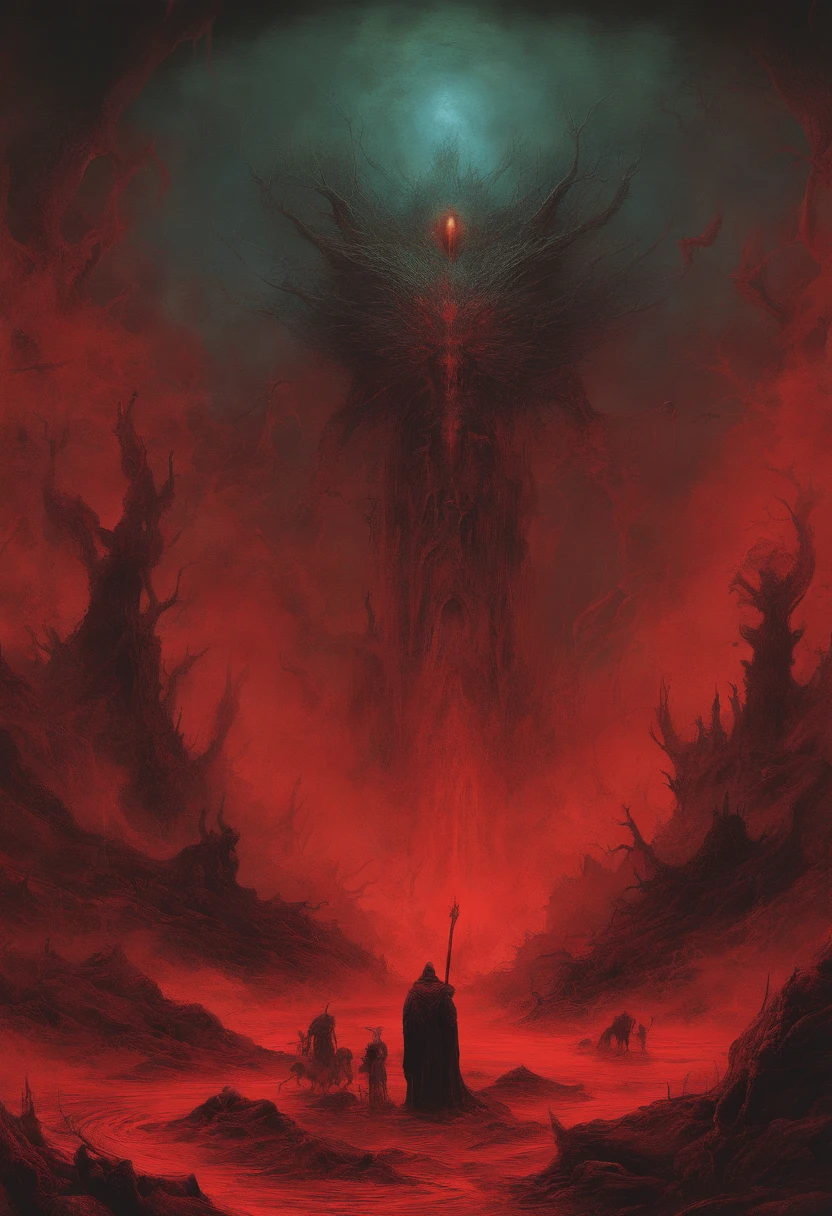mythological creatures, author:Zdzislaw Beksinski和Van Gogh, album covers, romatic, surrealism, Futuristic ,satan, coral, wizard, abstracted, Dark, Red, hell, landscape
