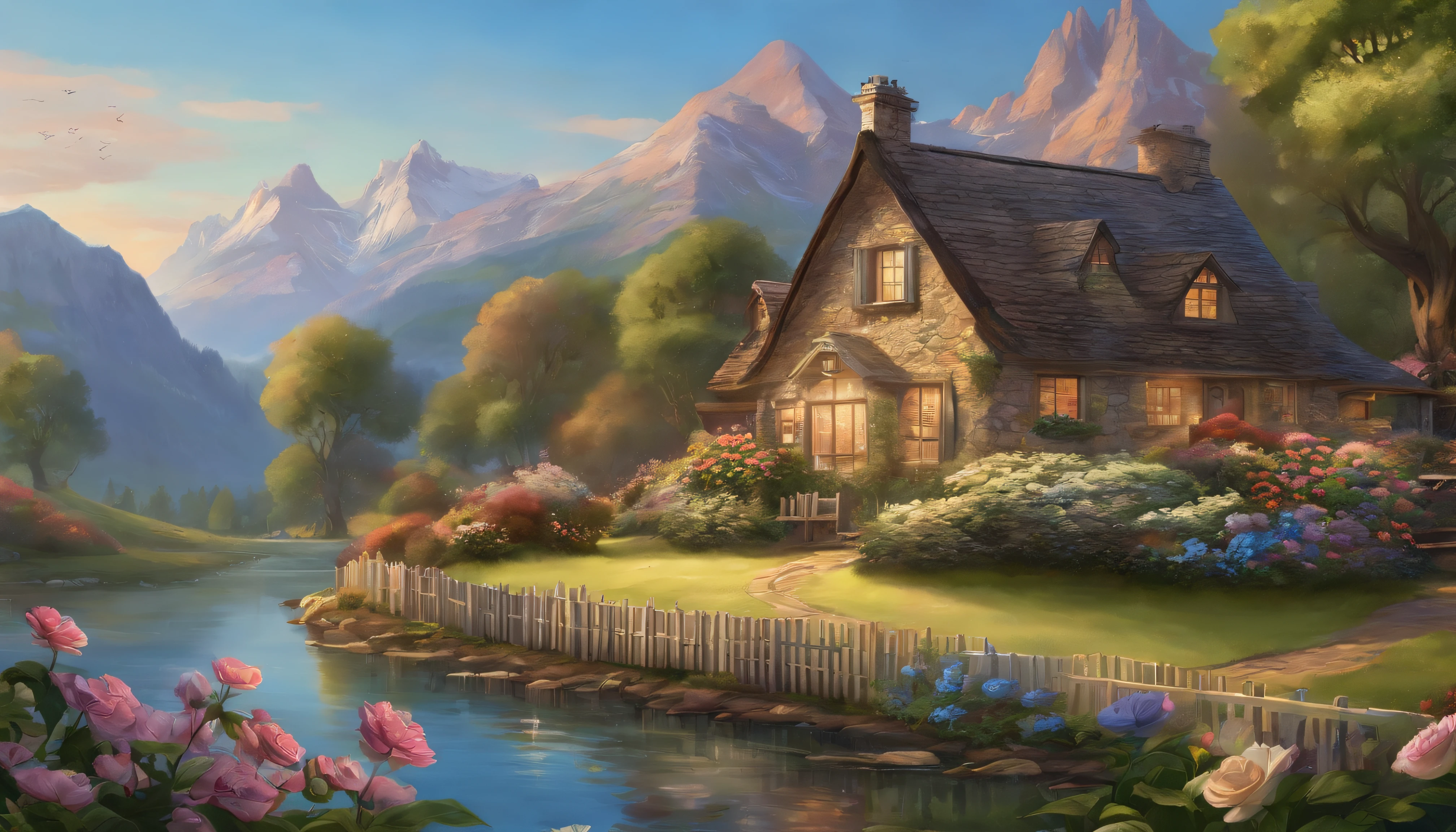 painting of a cottage, flowers beside of fence, fence along the road, mountain landscape with a lake and a boat, illustration matte painting, inspired by Thomas Kinkade, symmetric matte painting, detailed scenery , style raw, 8 k ultra detailed
