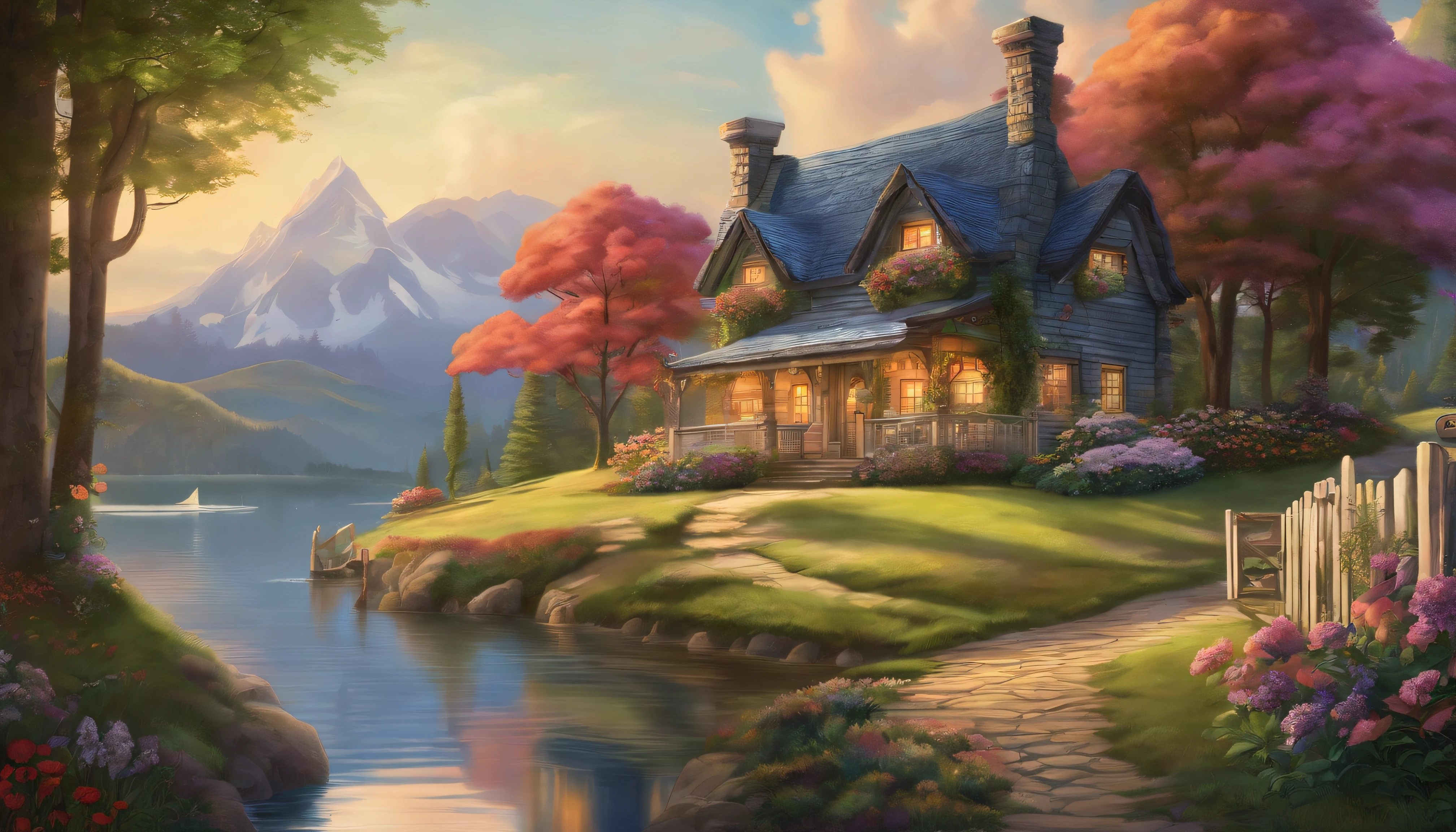 painting of a cottage, flowers beside of fence, fence along the road, mountain landscape with a lake and a boat, illustration matte painting, inspired by Thomas Kinkade, symmetric matte painting, detailed scenery , style raw, 8 k ultra detailed