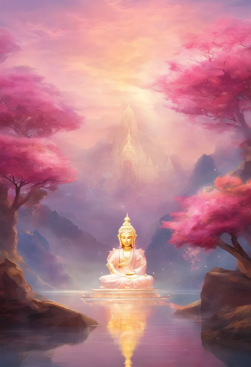 The huge golden white jade statue of Maitreya Buddha is perched on a pink lotus base，Under the lotus base is the clear surface of the lake，Refreshing lake bottom，The light of the Buddha shines，Excellent picture quality，Cinematic texture，Excellent details。