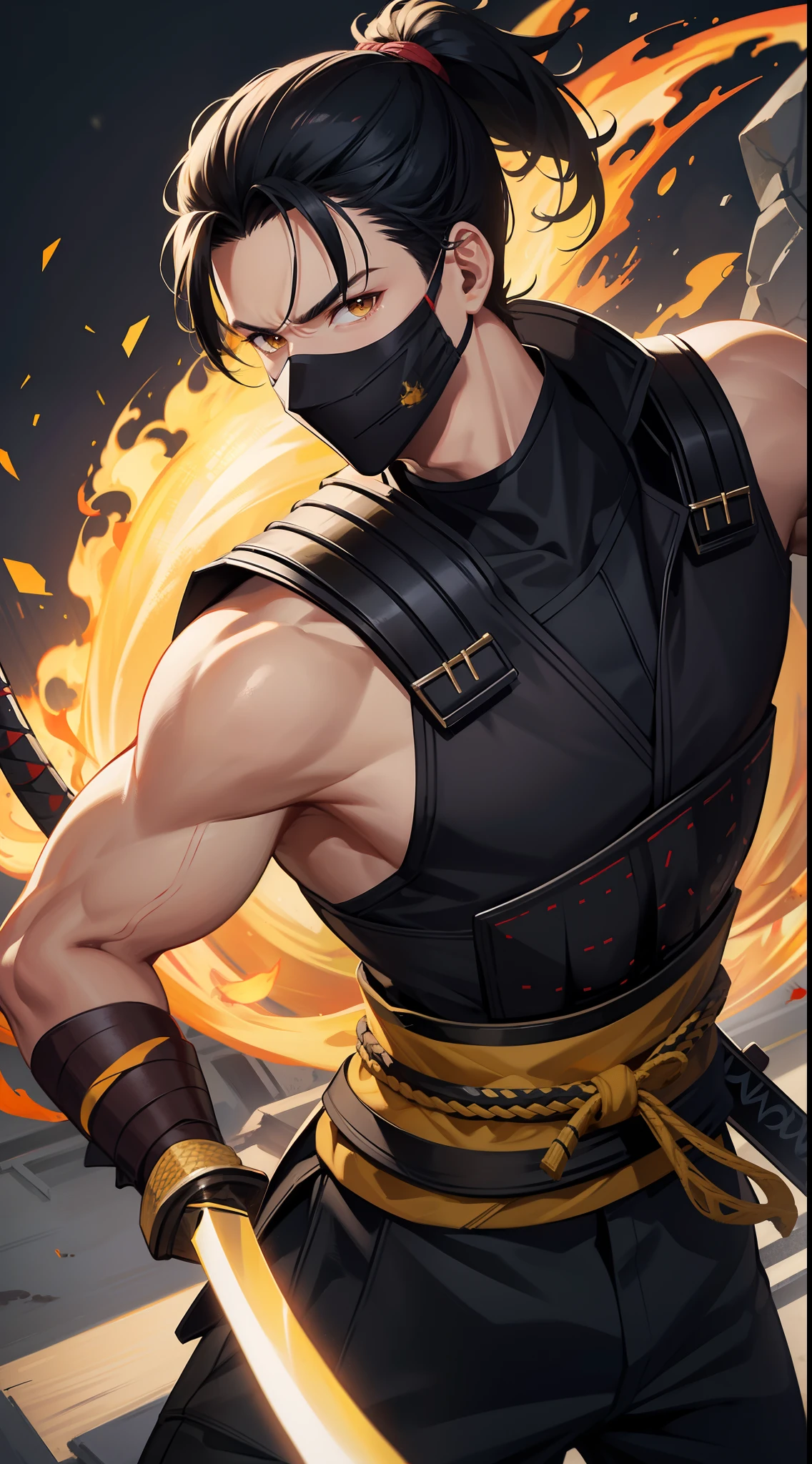 Grown-up guy, short black hair, high ponytail, Brown eyes, mask, Yellow shinobi kimono, Sleeveless, Scorpion, fire, katana, Masterpiece, hiquality, 4k, HD, Good detail