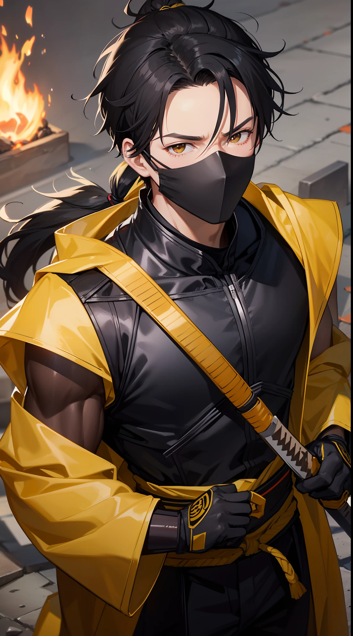 Grown-up guy, short black hair, high ponytail, Brown eyes, mask, Yellow shinobi kimono, Sleeveless, Scorpion, fire, katana, Masterpiece, hiquality, 4k, HD, Good detail
